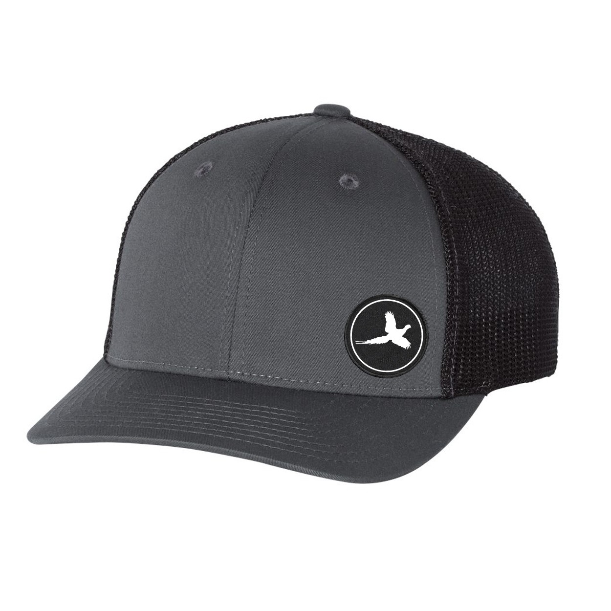 Hunt Pheasant Icon Logo Night Out Woven Circle Patch Snapback Trucker Hat Dark Gray/Black (White Logo)