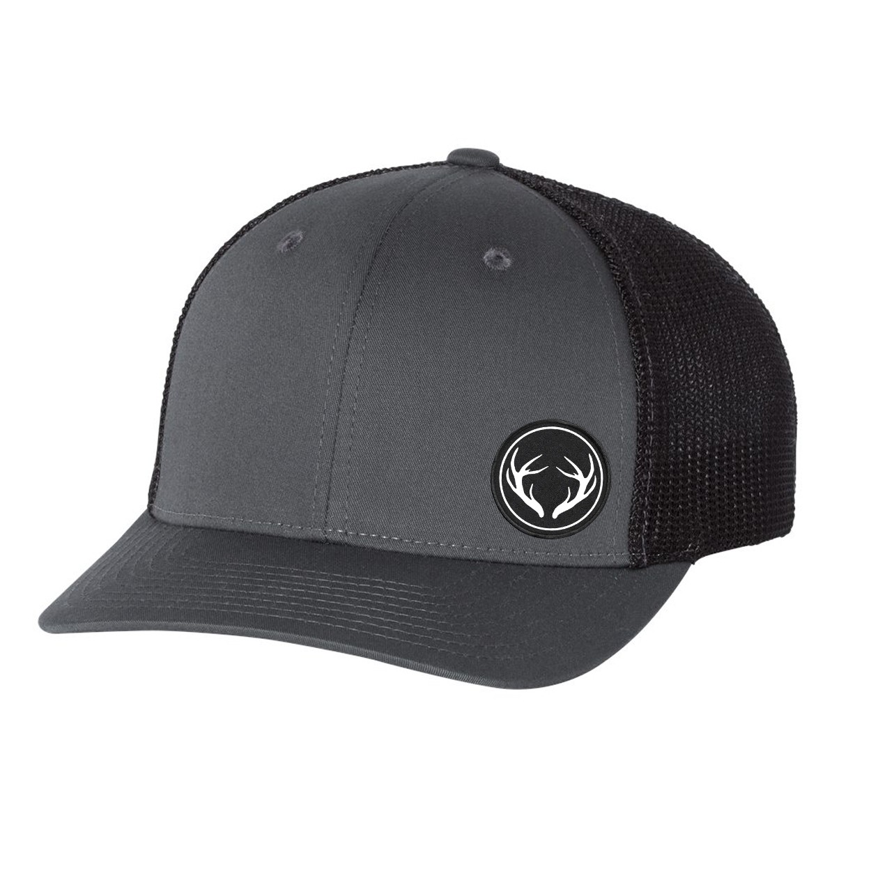 Hunt Rack Icon Logo Night Out Woven Circle Patch Snapback Trucker Hat Dark Gray/Black (White Logo)
