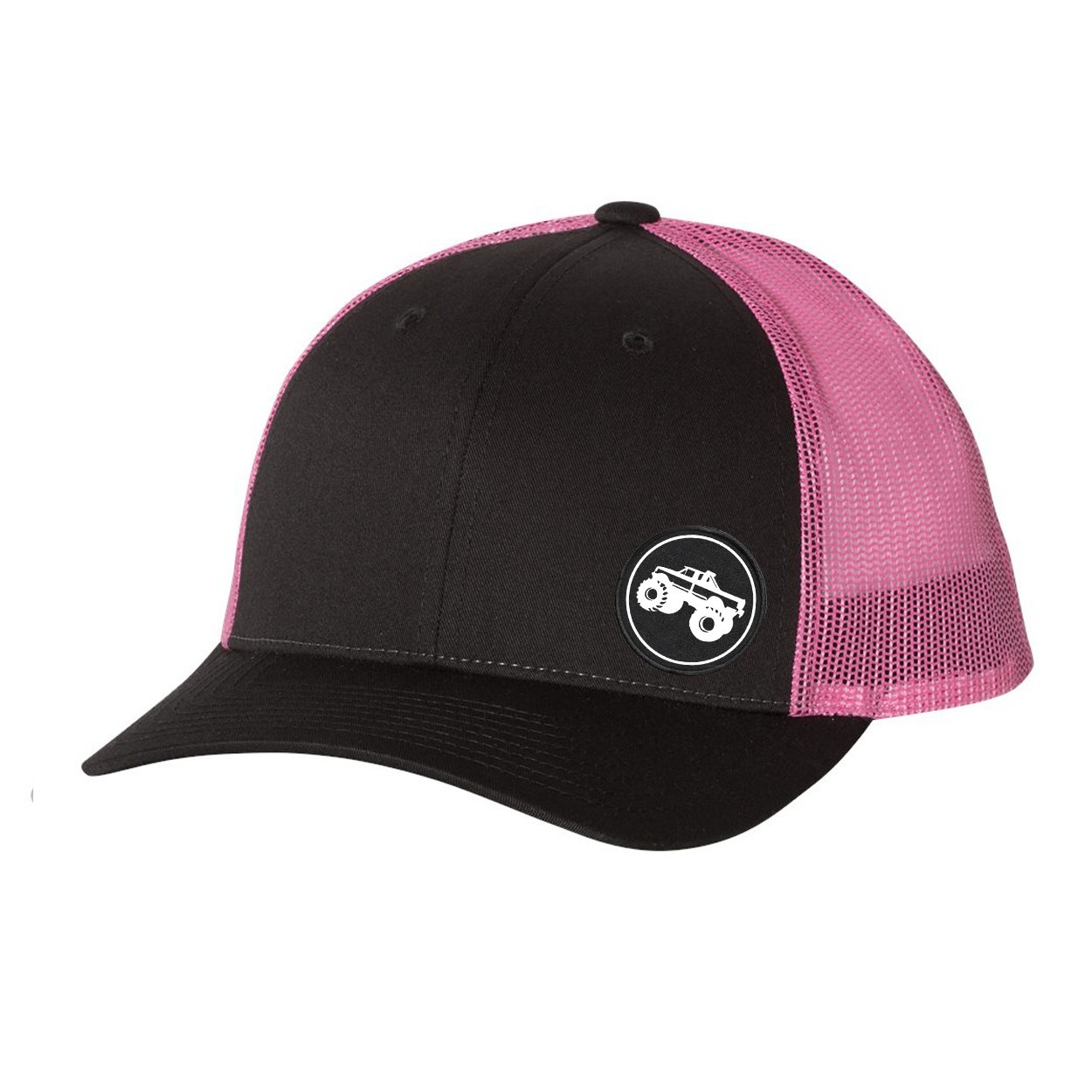 Mud Truck Icon Logo Night Out Woven Circle Patch Snapback Trucker Hat Charcoal/Neon Pink (White Logo)