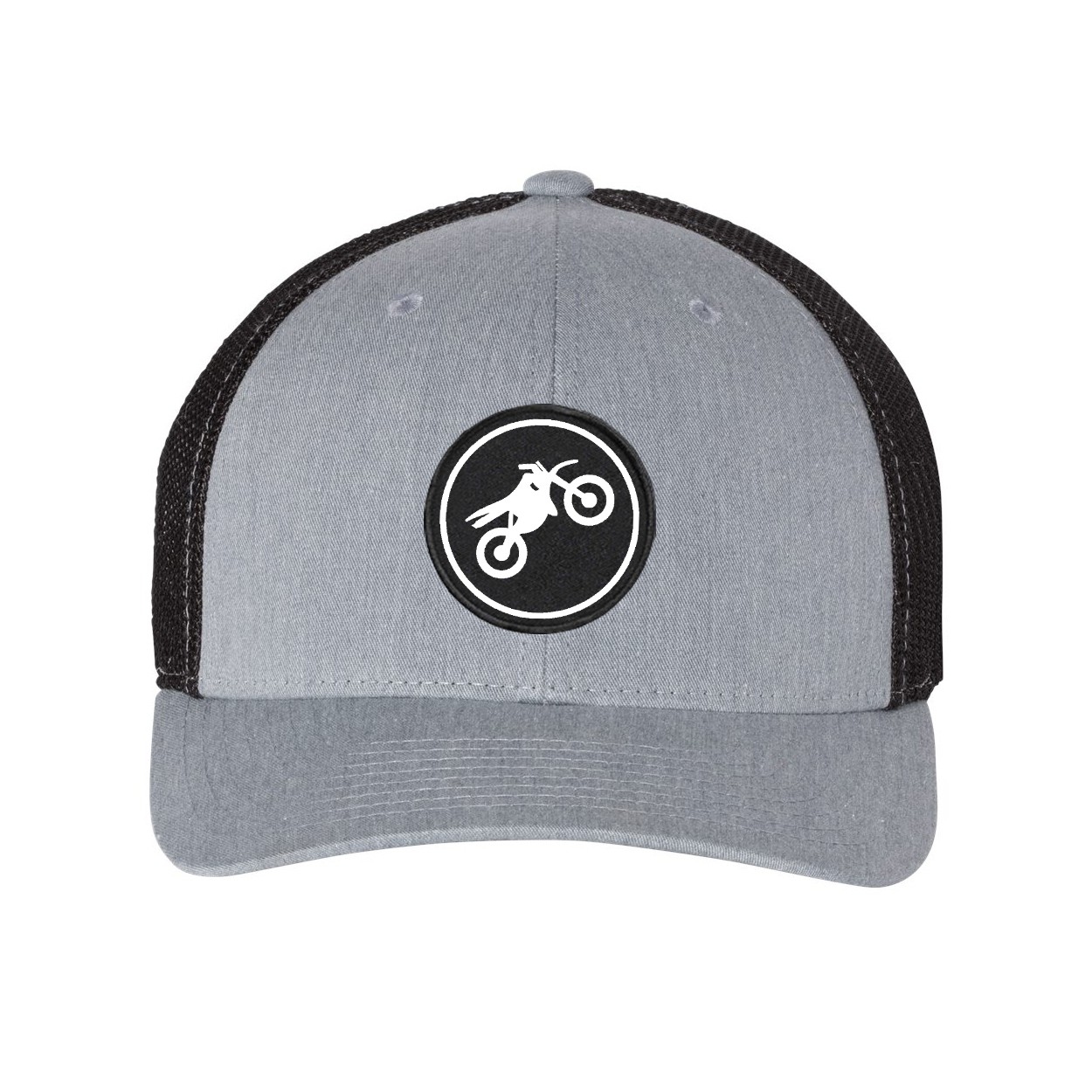 Ride Moto Icon Logo Classic Woven Circle Patch Snapback Trucker Hat Heather Gray/Black (White Logo)