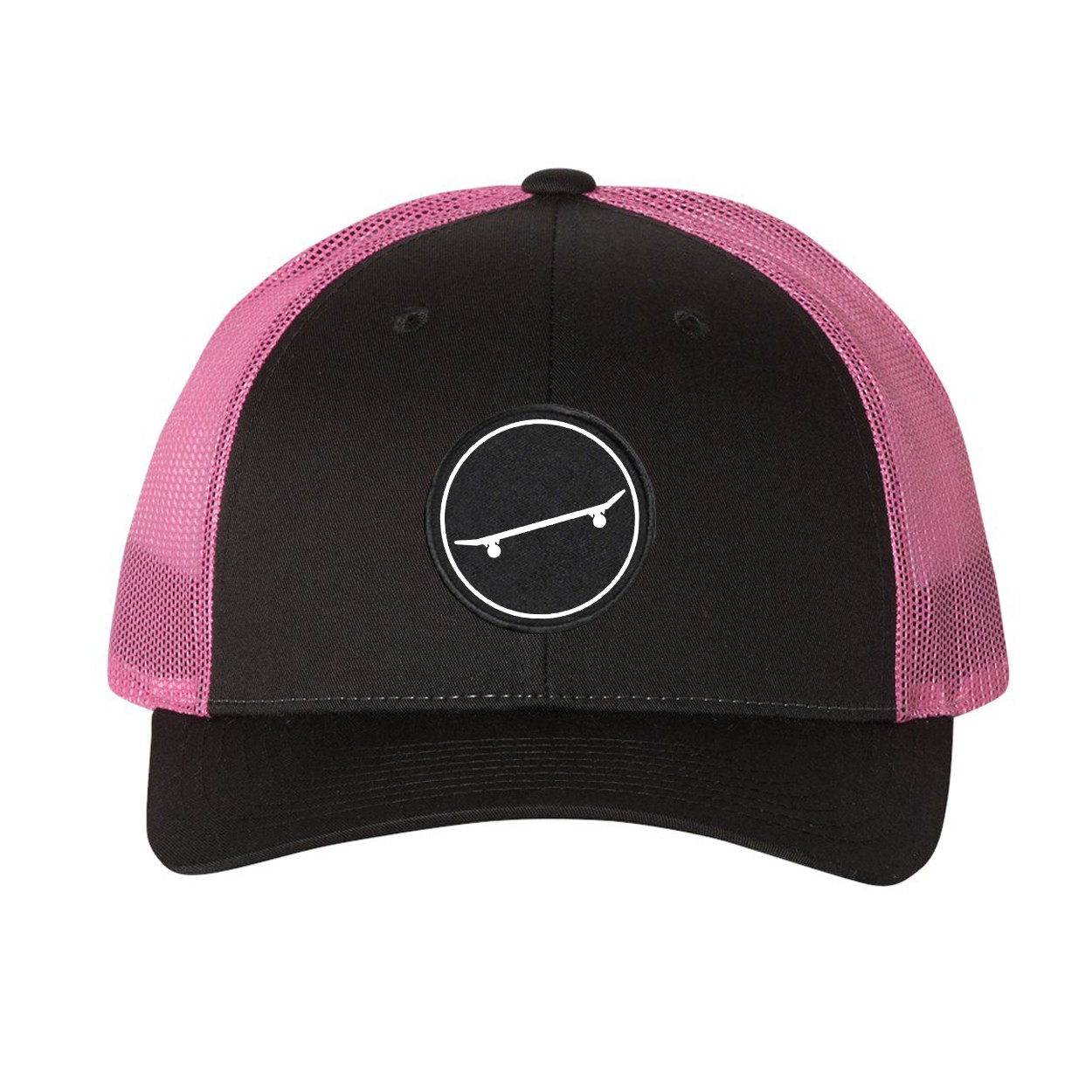 Ride Skate Icon Logo Classic Woven Circle Patch Snapback Trucker Hat Dark Gray/Neon Pink (White Logo)
