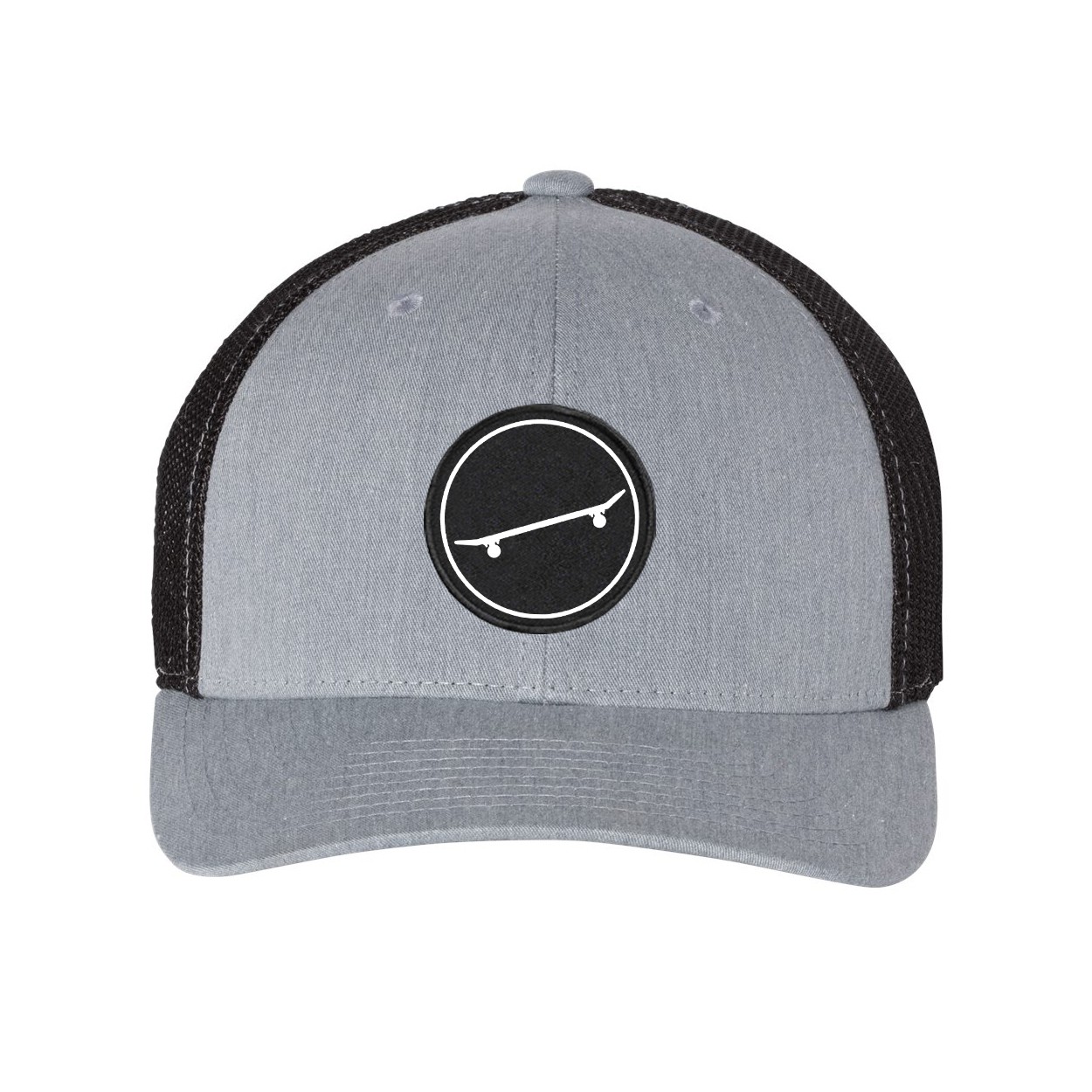 Ride Skate Icon Logo Classic Woven Circle Patch Snapback Trucker Hat Heather Gray/Black (White Logo)