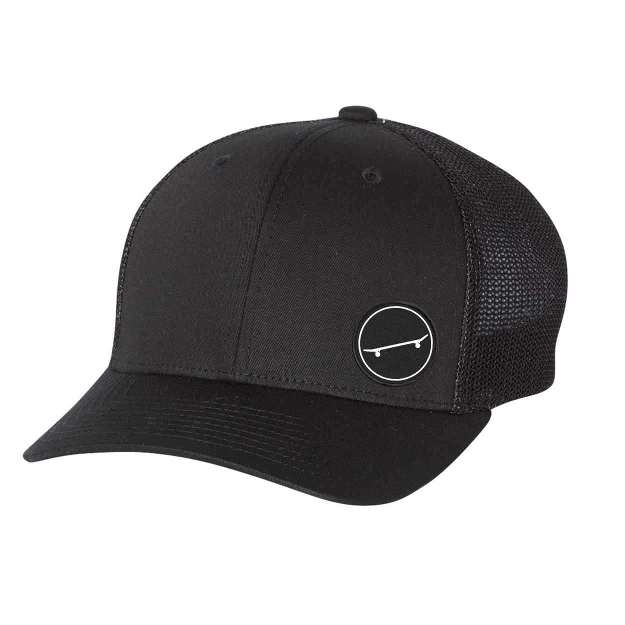 Ride Skate Icon Logo Night Out Woven Circle Patch Snapback Trucker Hat Black (White Logo)