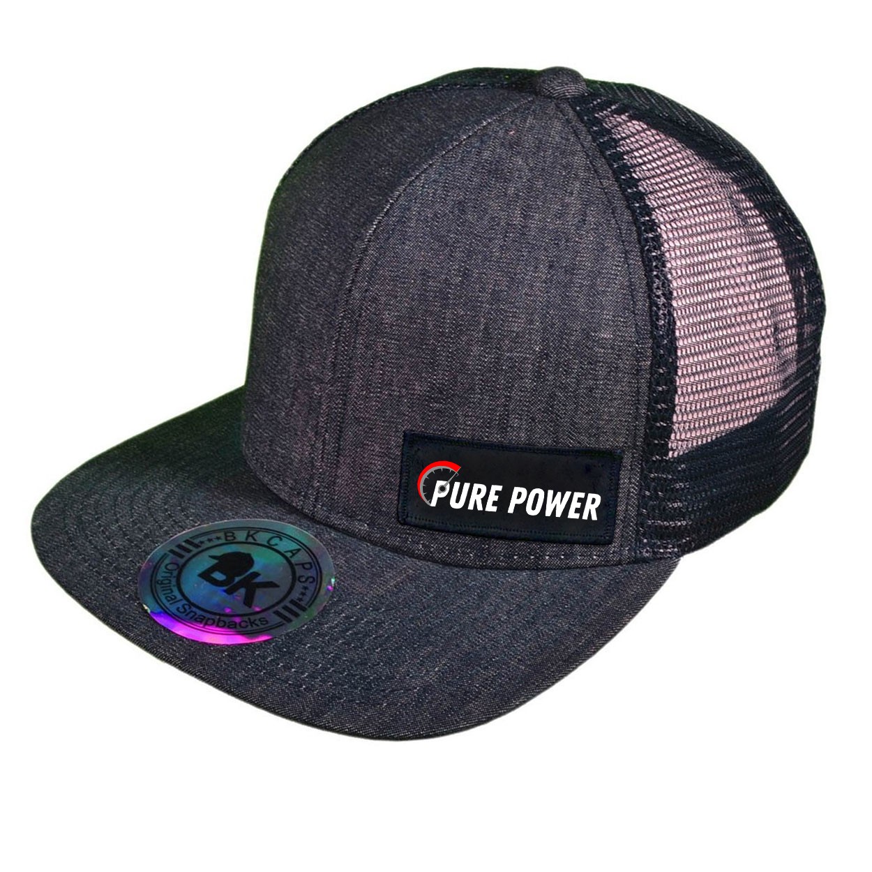 Ride Pure Power Logo Night Out Woven Patch Snapback Flat Brim Hat Dark Navy Denim (White Logo)