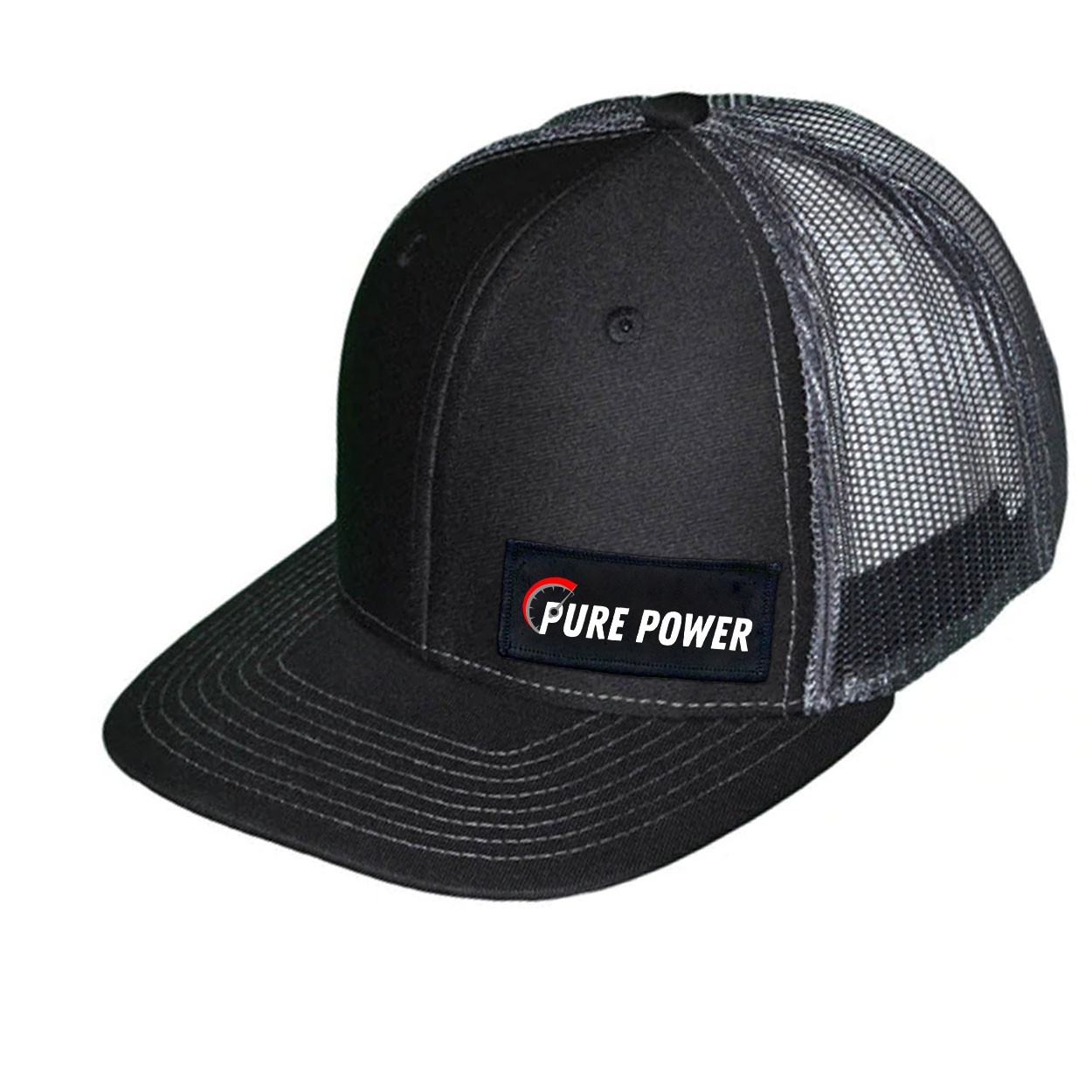 Ride Pure Power Logo Night Out Woven Patch Snapback Trucker Hat Black/Gray (White Logo)