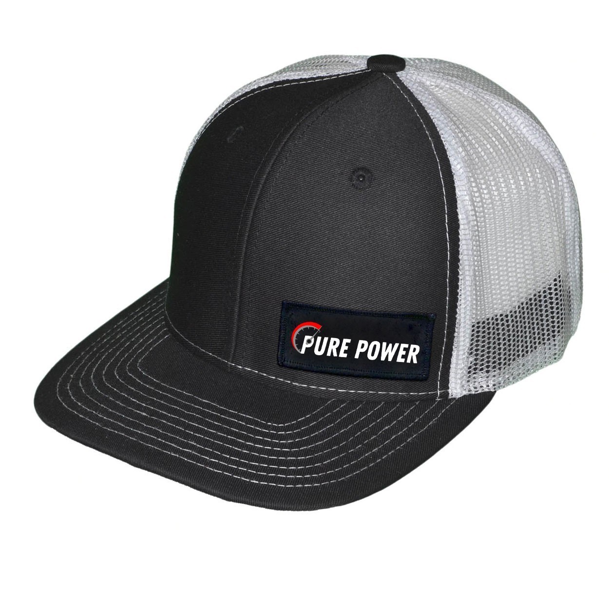 Ride Pure Power Logo Night Out Woven Patch Snapback Trucker Hat Black/White (White Logo)