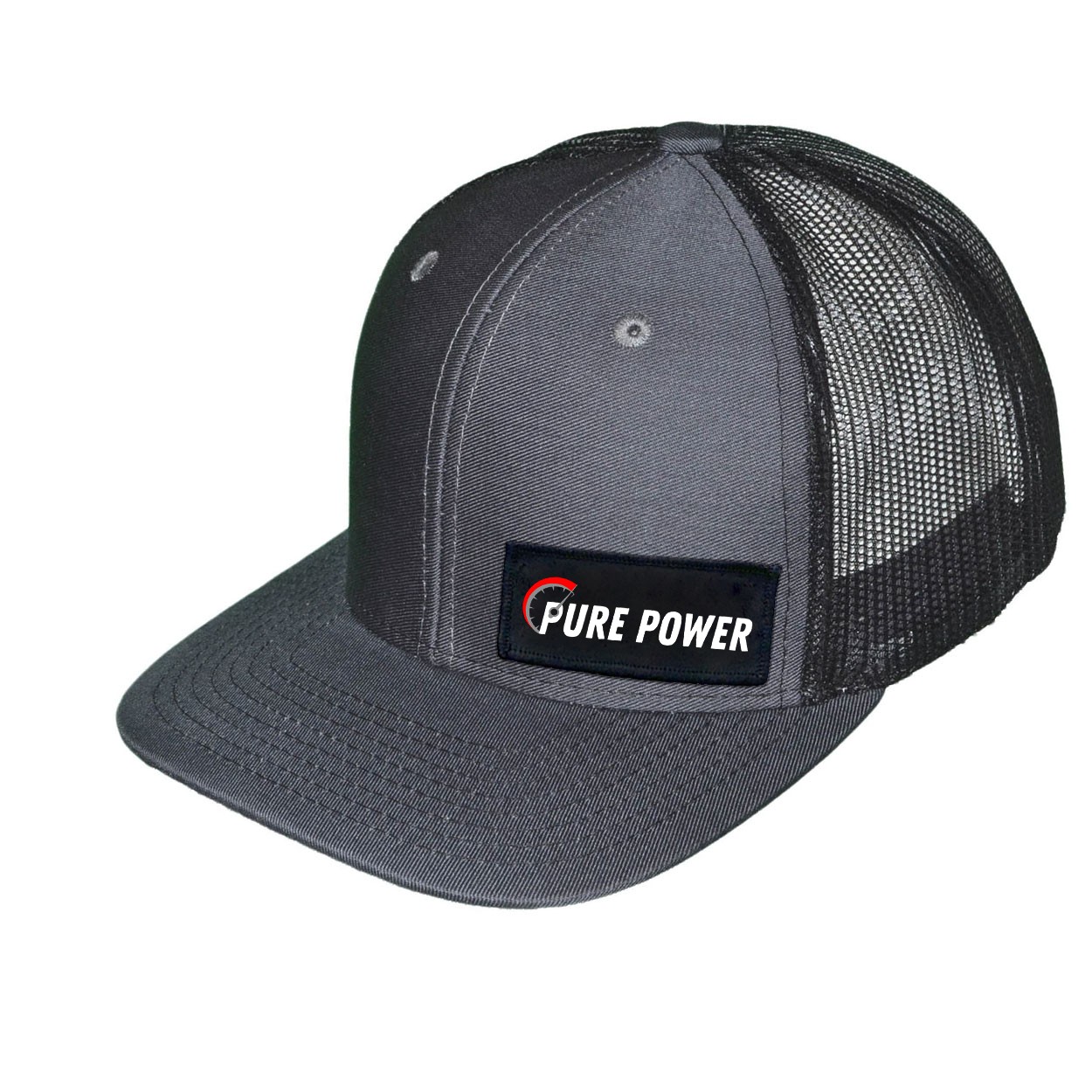 Ride Pure Power Logo Night Out Woven Patch Snapback Trucker Hat Gray/Black (White Logo)