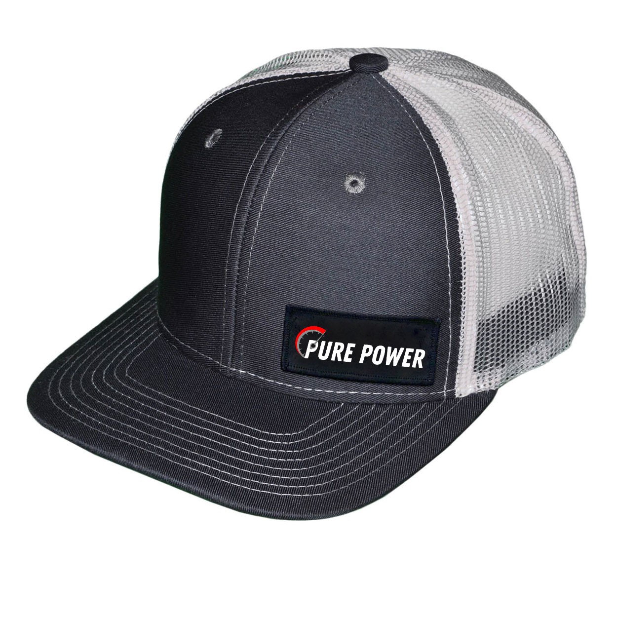 Ride Pure Power Logo Night Out Woven Patch Snapback Trucker Hat Gray/White (White Logo)