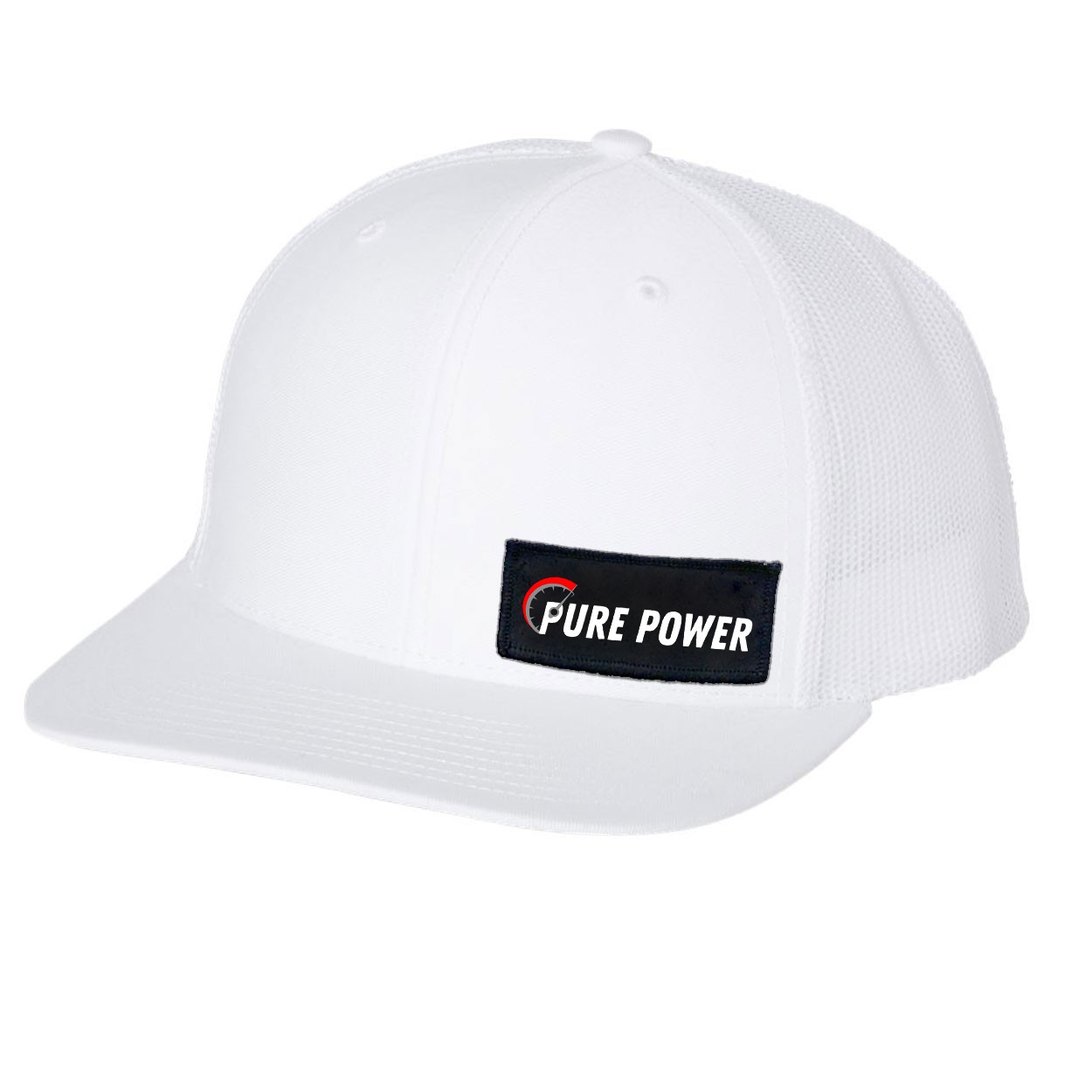 Ride Pure Power Logo Night Out Woven Patch Snapback Trucker Hat White (White Logo)