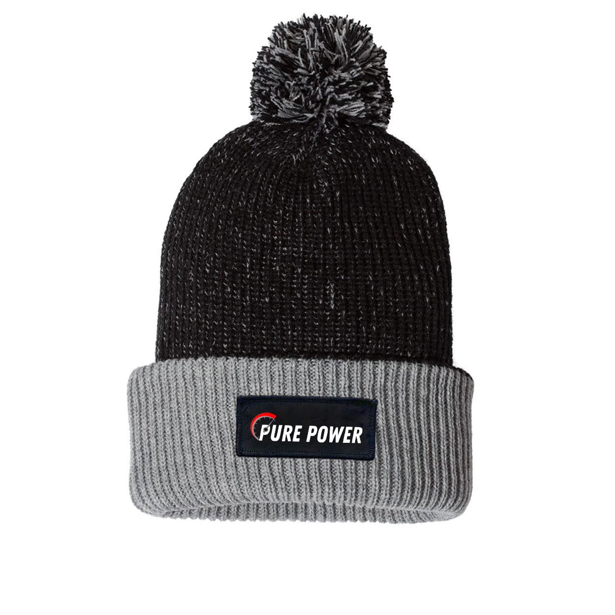 Ride Pure Power Logo Night Out Woven Patch Roll Up Pom Knit Beanie Black/Gray (White Logo)