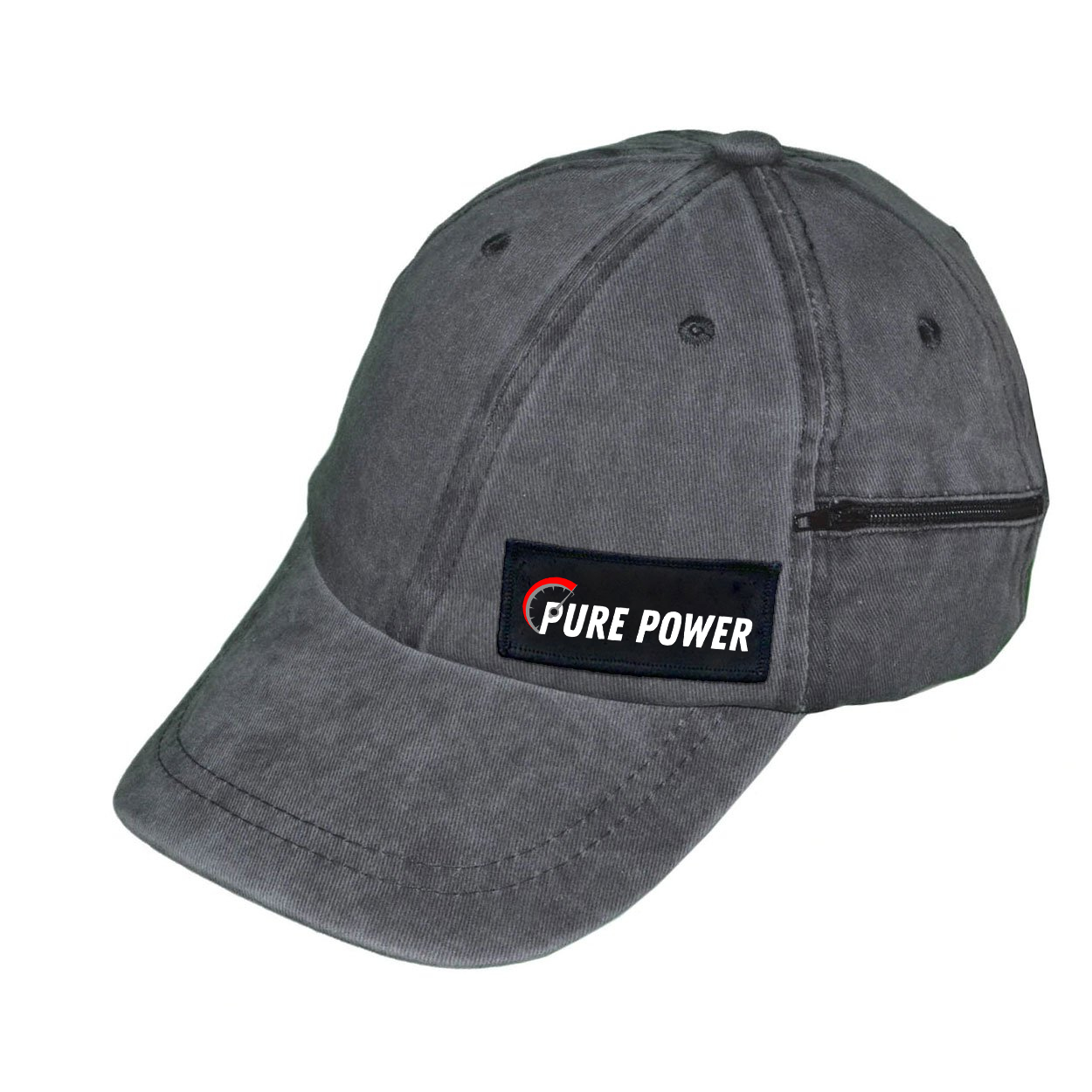 Ride Pure Power Logo Night Out Woven Patch Unstructured Dad Hat with Zip Pocket Brushed Black (White Logo)