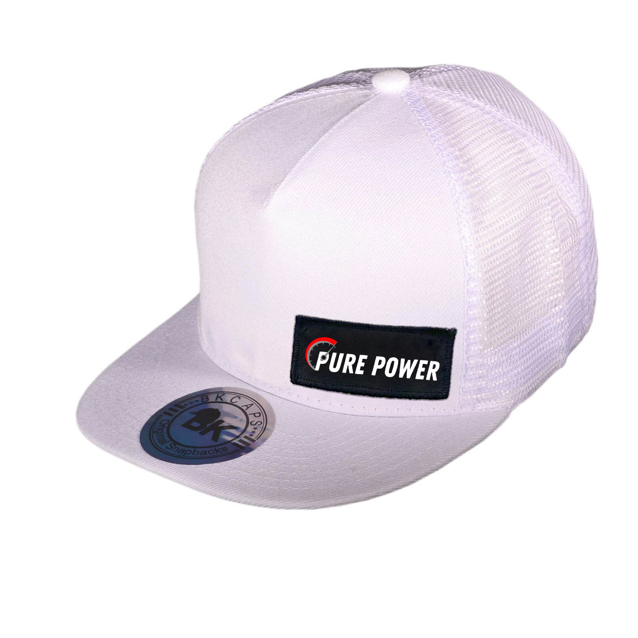 Ride Pure Power Logo Night Out Woven Patch Flat Brim Trucker Snapback Hat White (White Logo)