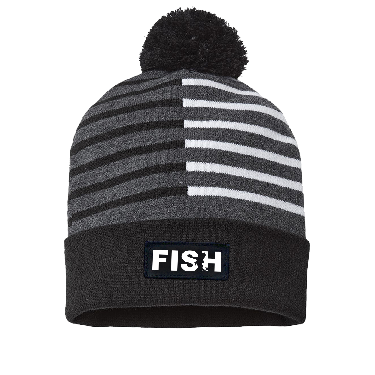 Fish Catch Logo Night Out Woven Patch Roll Up Pom Knit Beanie Half Color Black/White (White Logo)