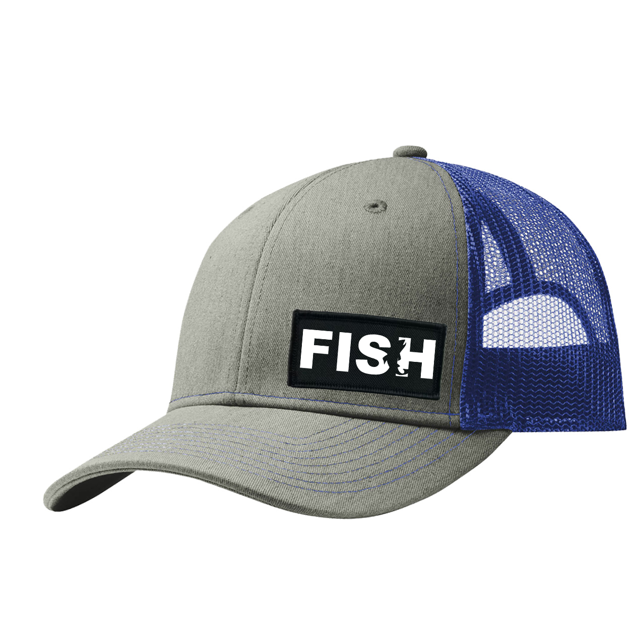 Fish Catch Logo Night Out Woven Patch Snapback Trucker Hat Heather Grey/Royal (White Logo)