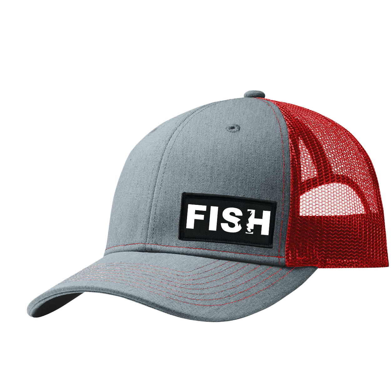 Fish Catch Logo Night Out Woven Patch Snapback Trucker Hat Heather Heather Grey/Red (White Logo)