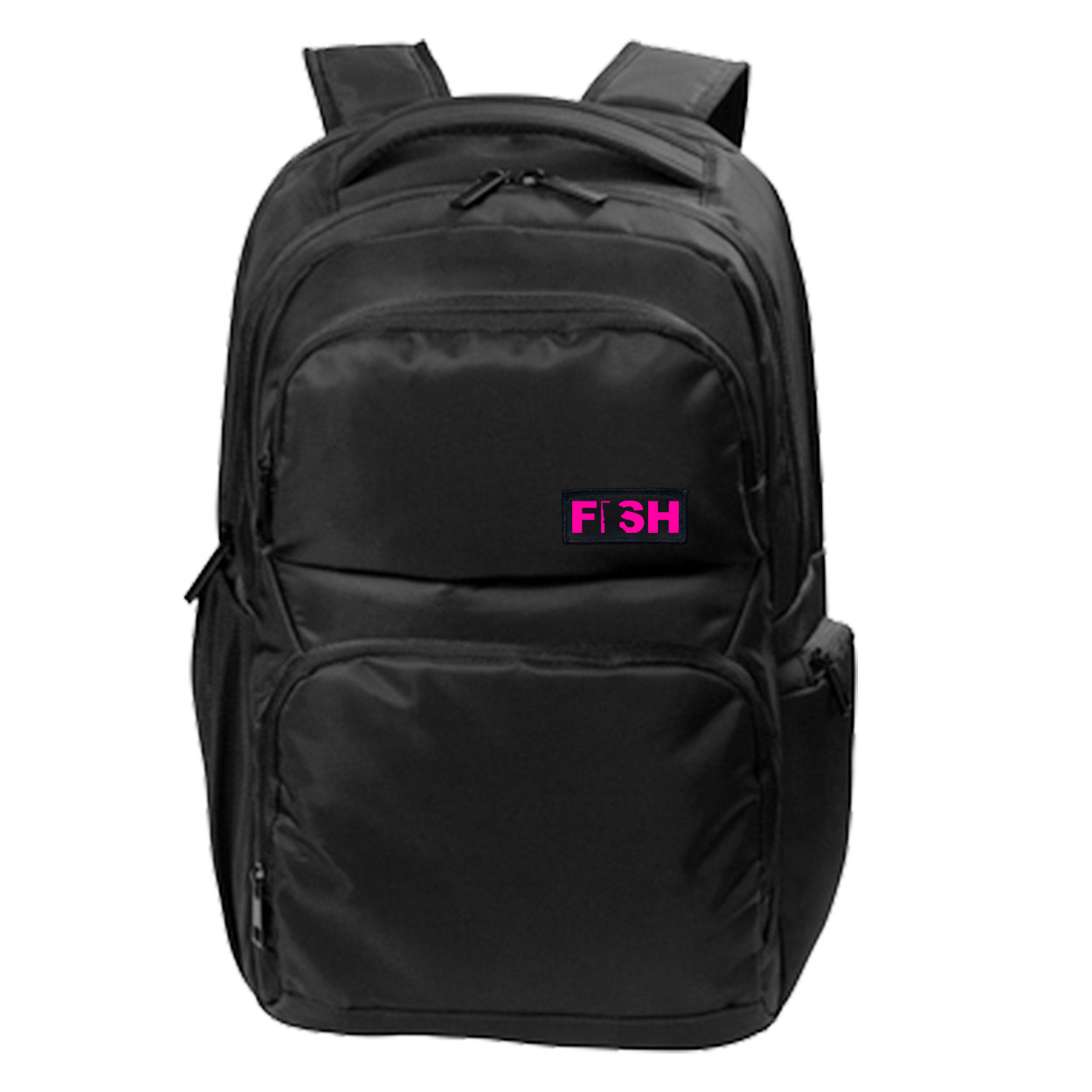 Fish Minnesota Night Out Woven Patch Transit Backpack Black (Pink Logo)