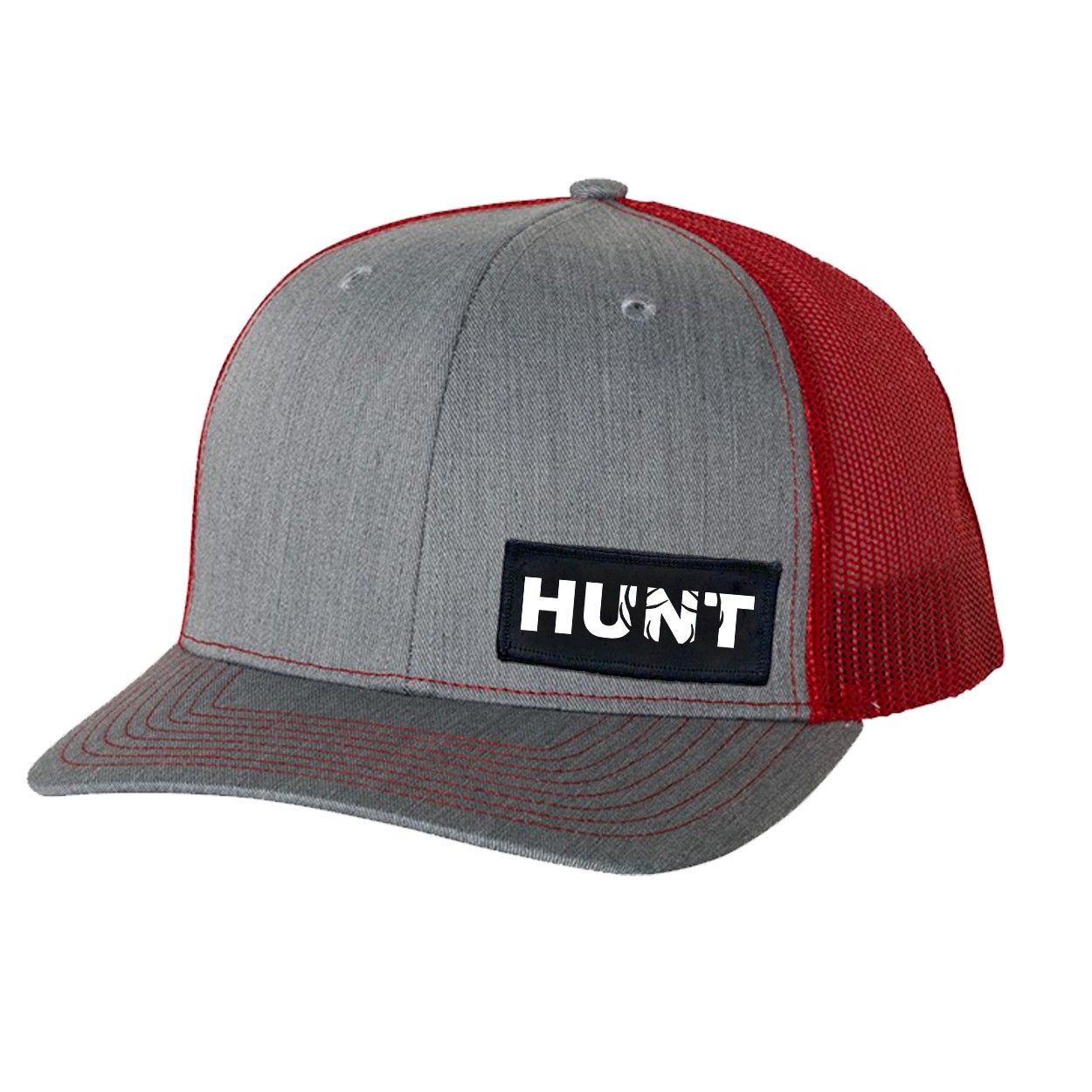 Hunt Rack Logo Night Out Woven Patch Snapback Trucker Hat Heather Heather Grey/Red (White Logo)