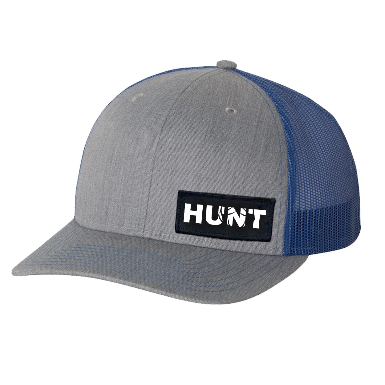 Hunt Rack Logo Night Out Woven Patch Snapback Trucker Hat Heather Grey/Royal (White Logo)