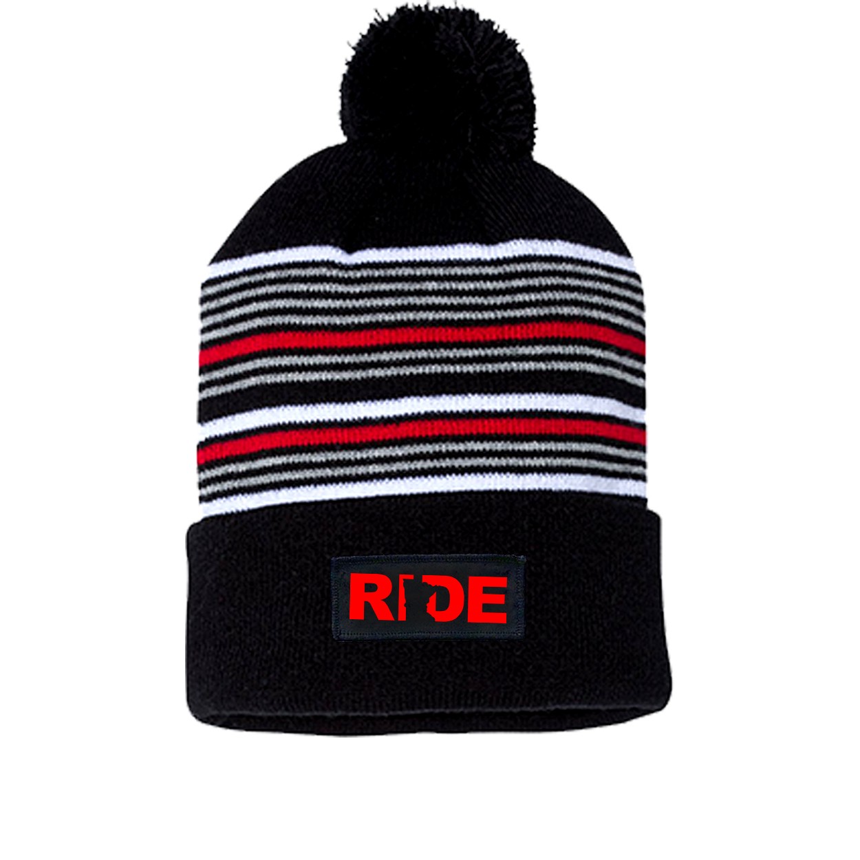 Ride Minnesota Night Out Woven Patch Roll Up Pom Knit Beanie Black/ White/ Grey/ Red Beanie (Red Logo)