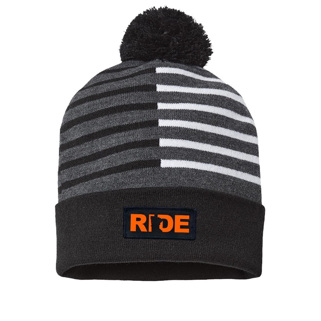 Ride Minnesota Night Out Woven Patch Roll Up Pom Knit Beanie Half Color Black/White (Orange Logo)
