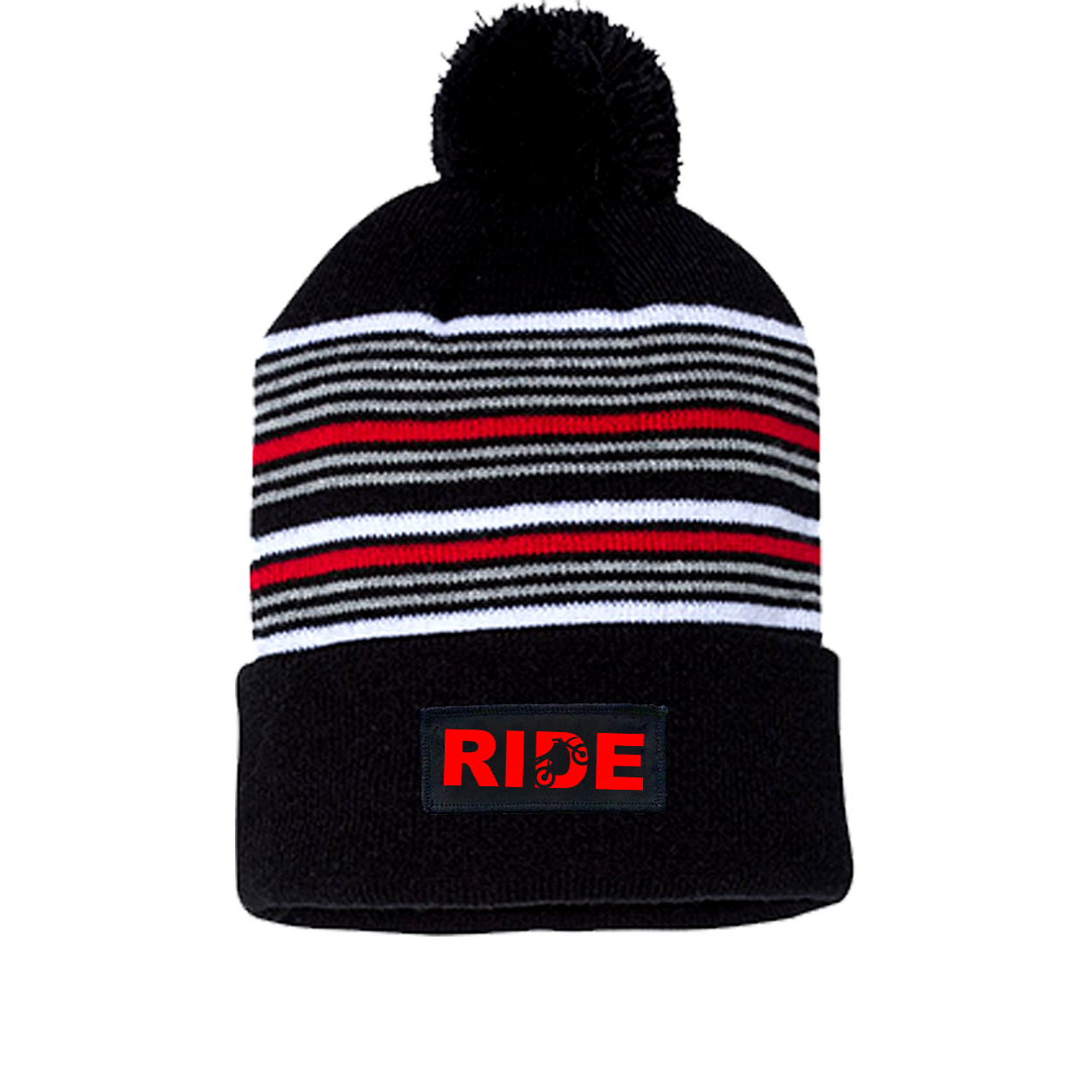 Ride Moto Logo Night Out Woven Patch Roll Up Pom Knit Beanie Black/ White/ Grey/ Red Beanie (Red Logo)
