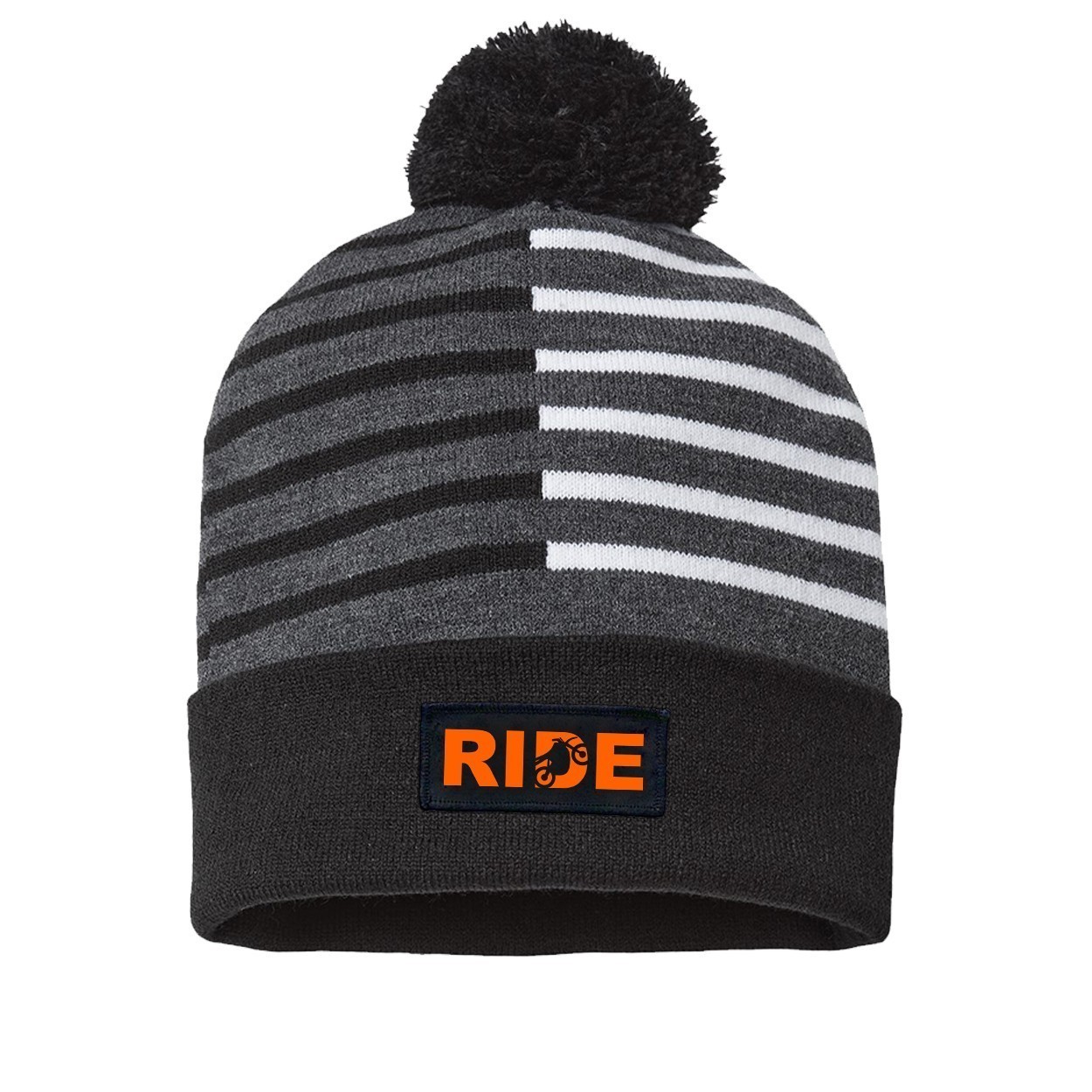 Ride Moto Logo Night Out Woven Patch Roll Up Pom Knit Beanie Half Color Black/White (Orange Logo)