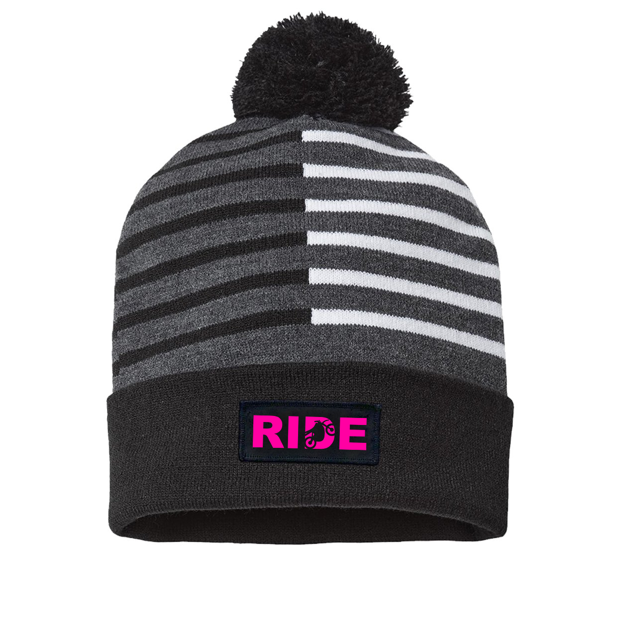 Ride Moto Logo Night Out Woven Patch Roll Up Pom Knit Beanie Half Color Black/White (Pink Logo)