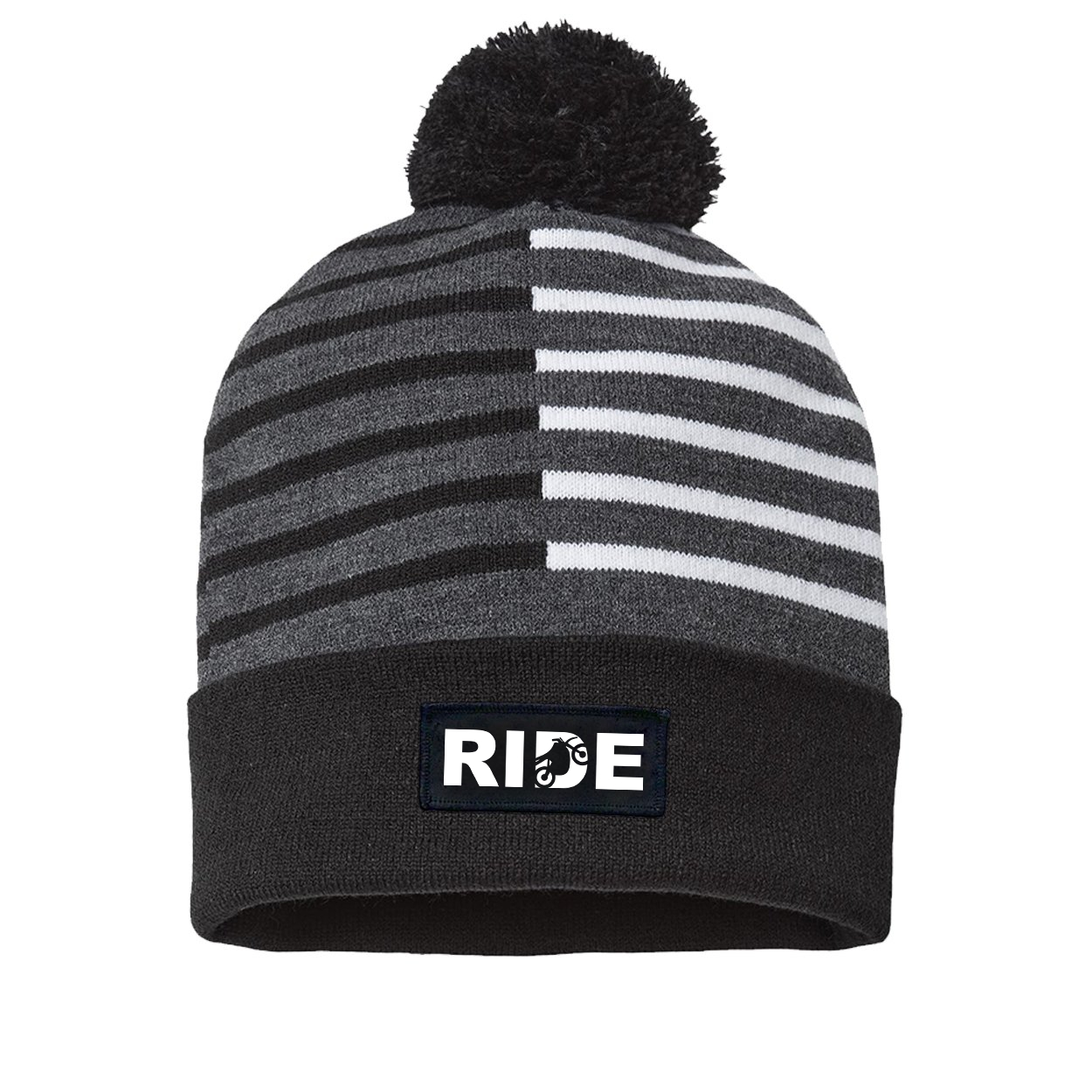 Ride Moto Logo Night Out Woven Patch Roll Up Pom Knit Beanie Half Color Black/White (White Logo)