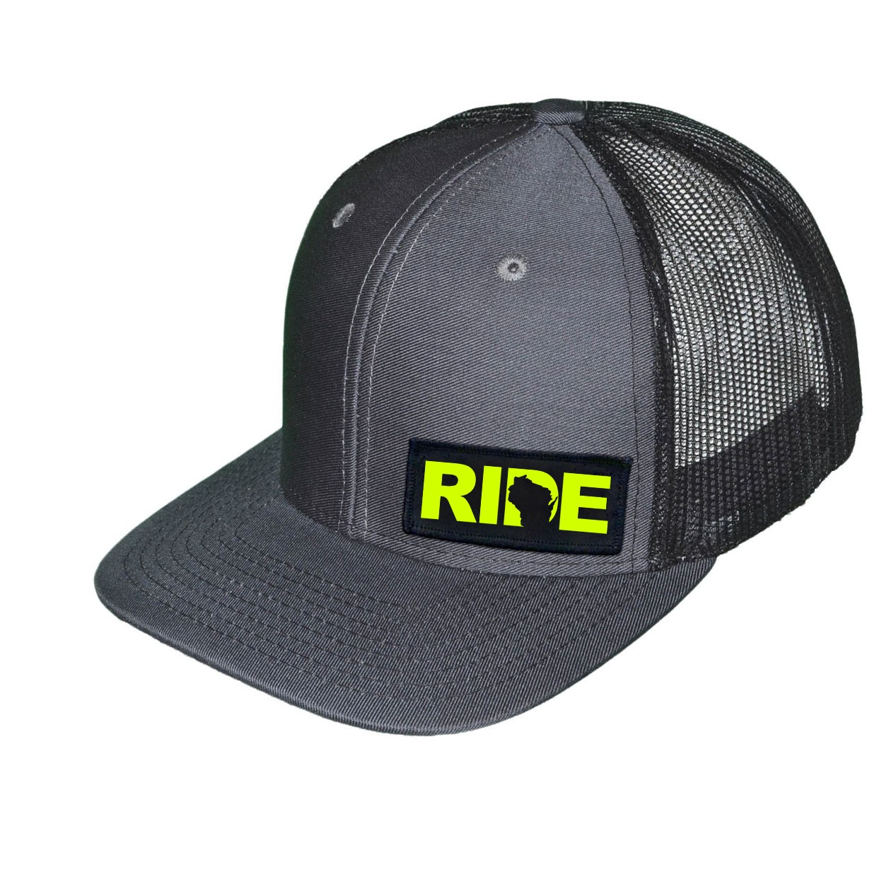Ride Wisconsin Night Out Woven Patch Snapback Trucker Hat Gray/Black (Hi-Vis Logo)