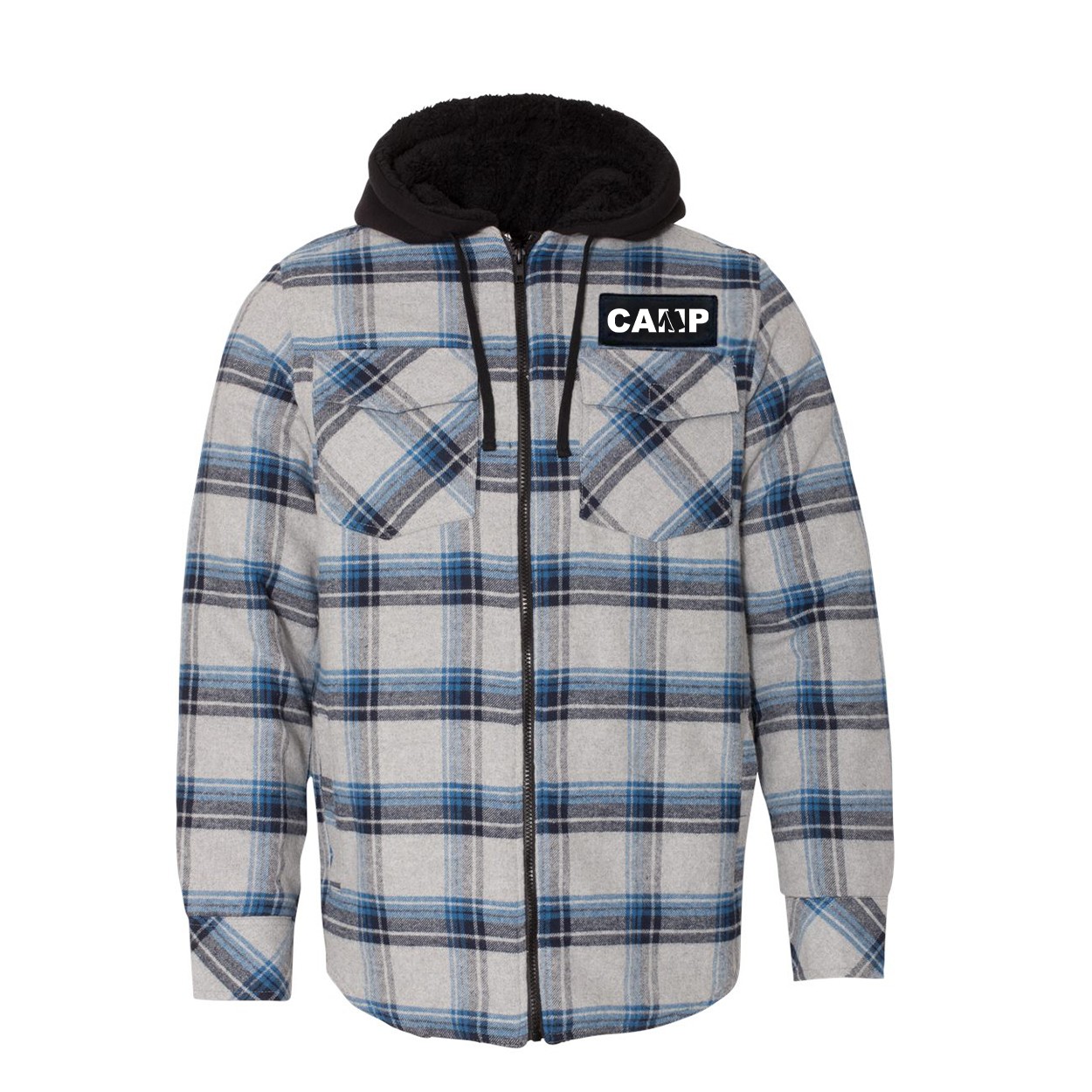 Camp Tent Logo Classic Unisex Full Zip Woven Patch Hooded Flannel Jacket Gray/ Blue (White Logo)