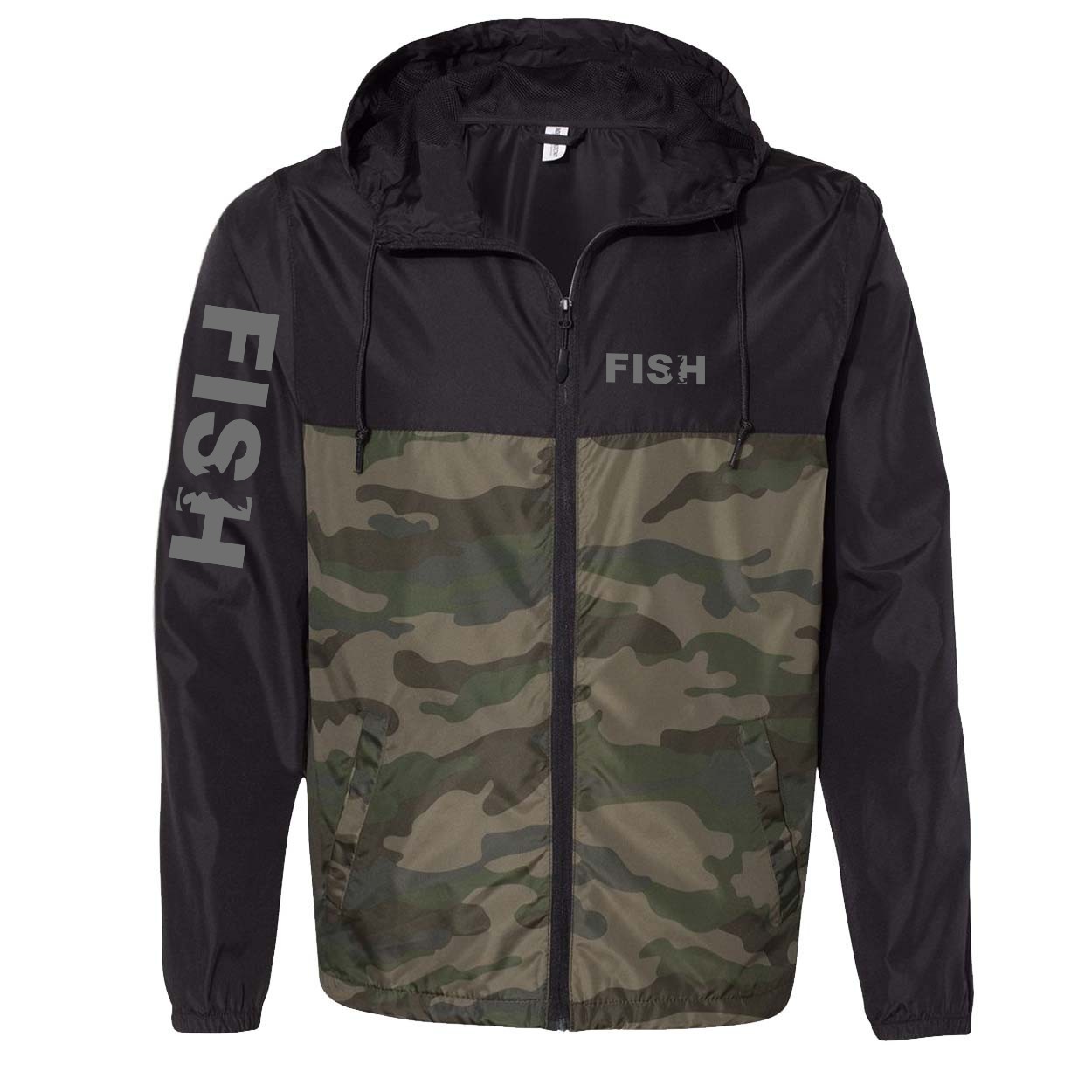 Fish Catch Logo Classic Lightweight Windbreaker Black/Forest Camo (Gray Logo)