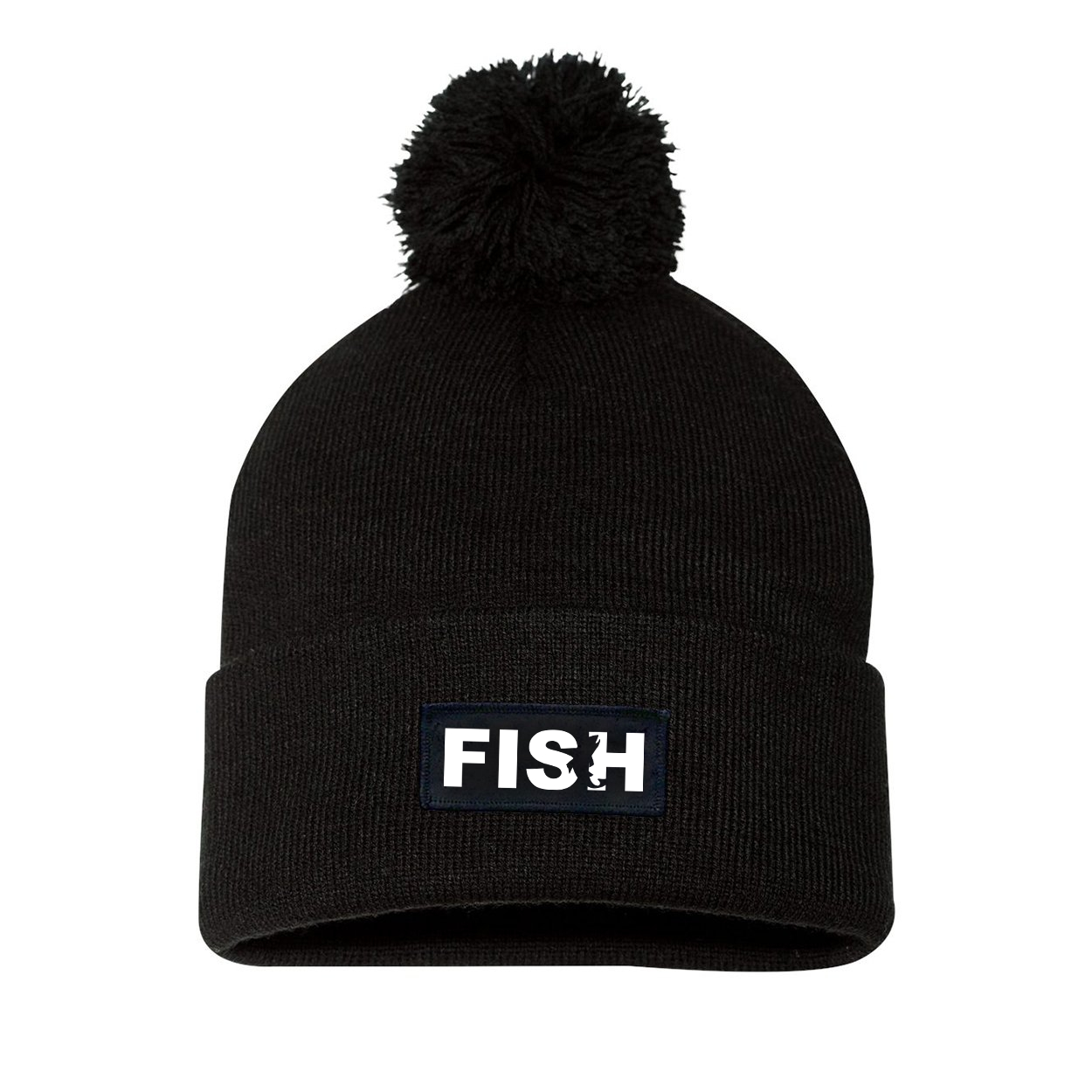 Fish Catch Logo Night Out Woven Patch Roll Up Pom Knit Beanie Black (White Logo)
