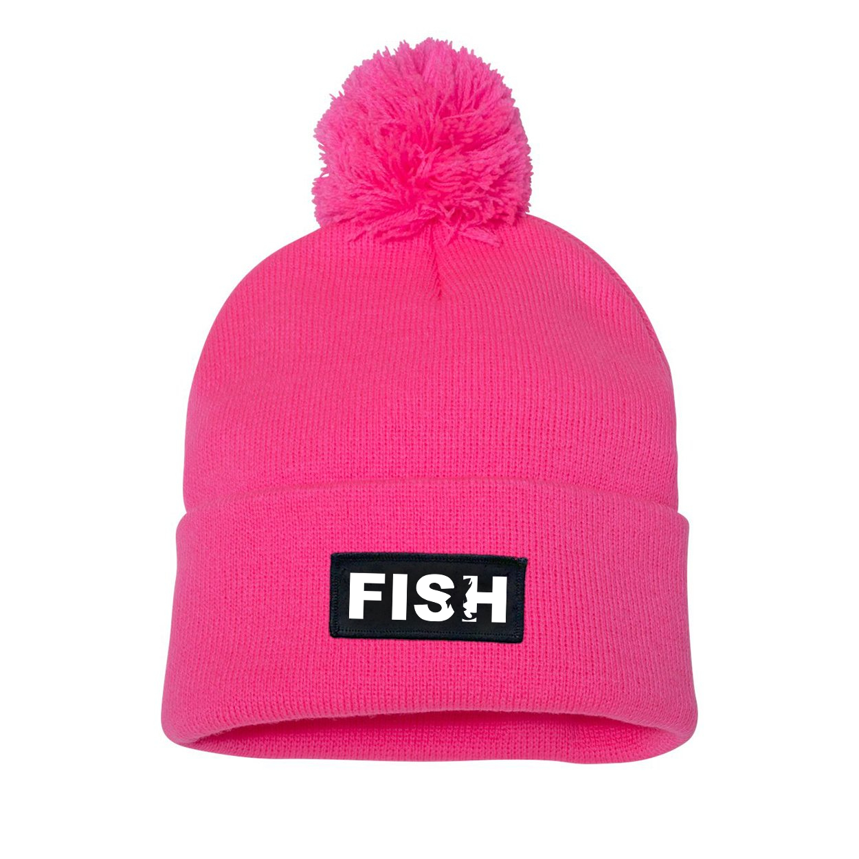Fish Catch Logo Night Out Woven Patch Roll Up Pom Knit Beanie Pink (White Logo)