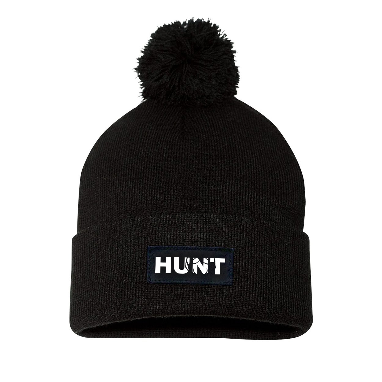 Hunt Rack Logo Night Out Woven Patch Roll Up Pom Knit Beanie Black (White Logo)