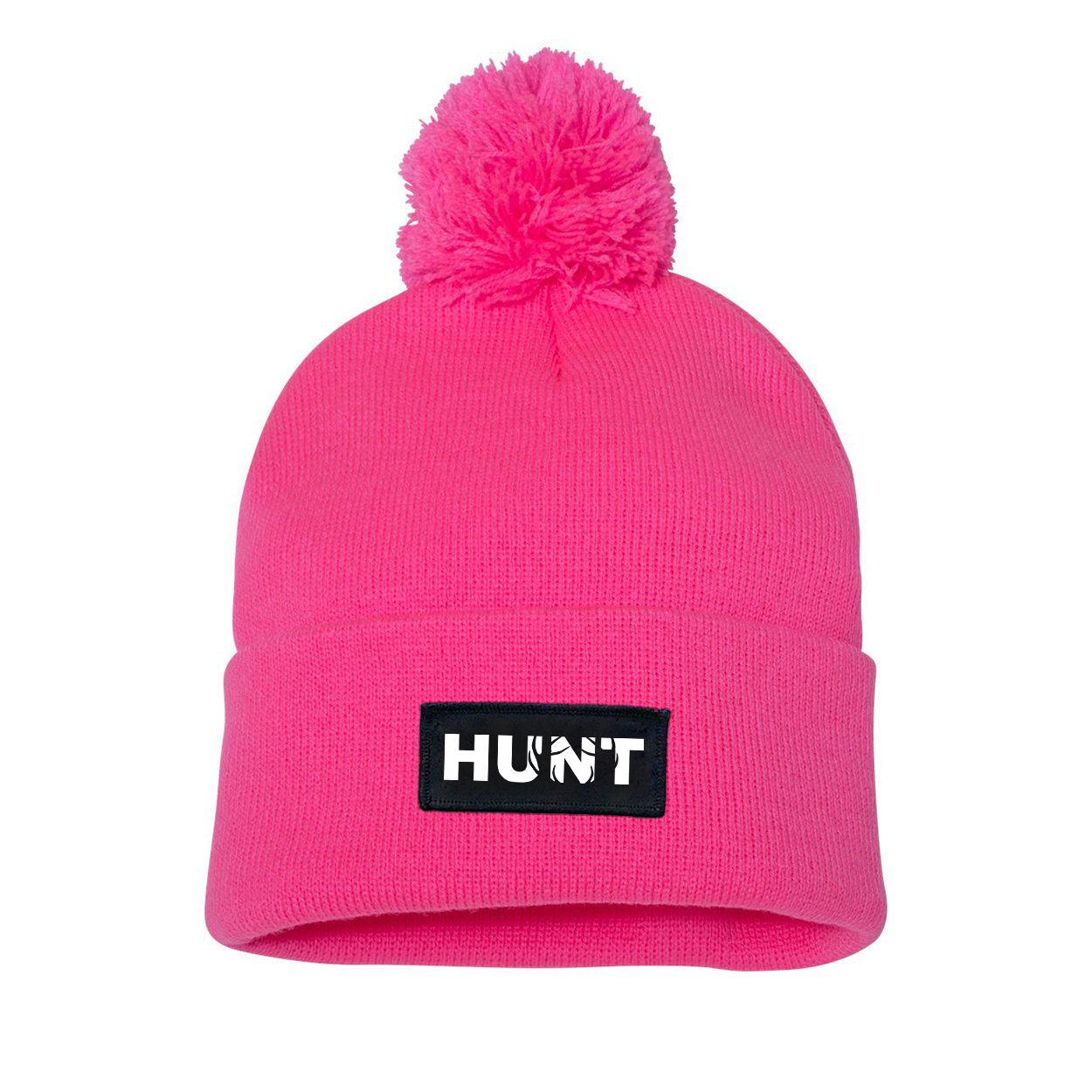 Hunt Rack Logo Night Out Woven Patch Roll Up Pom Knit Beanie Pink (White Logo)