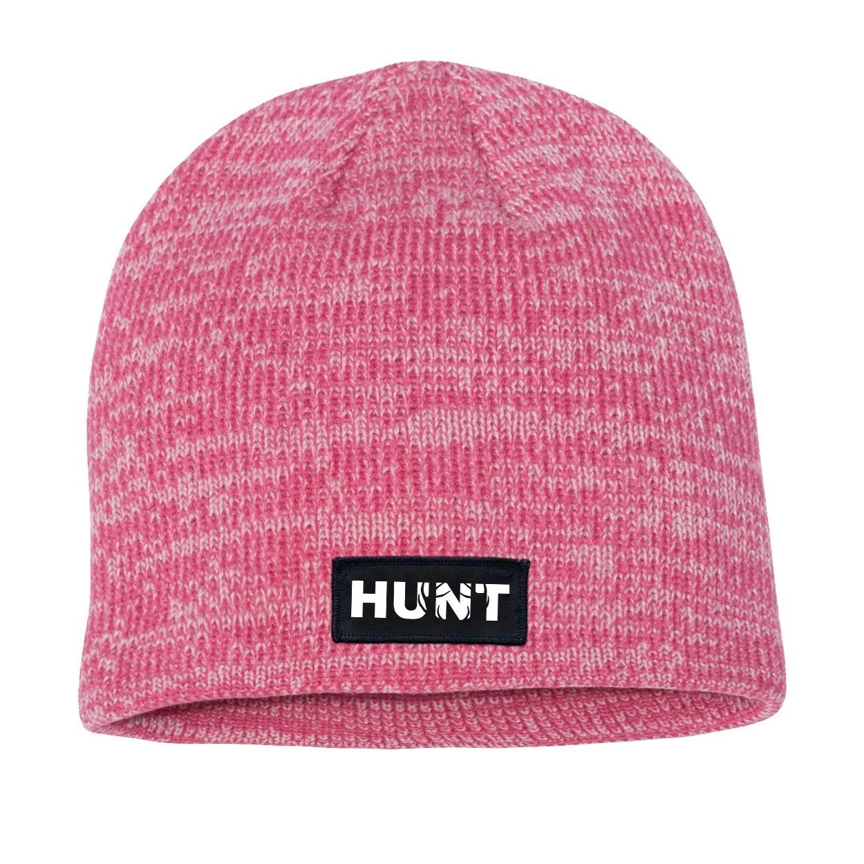 Hunt Rack Logo Night Out Woven Patch Skully Marled Knit Beanie Pink/Dark Pink (White Logo)