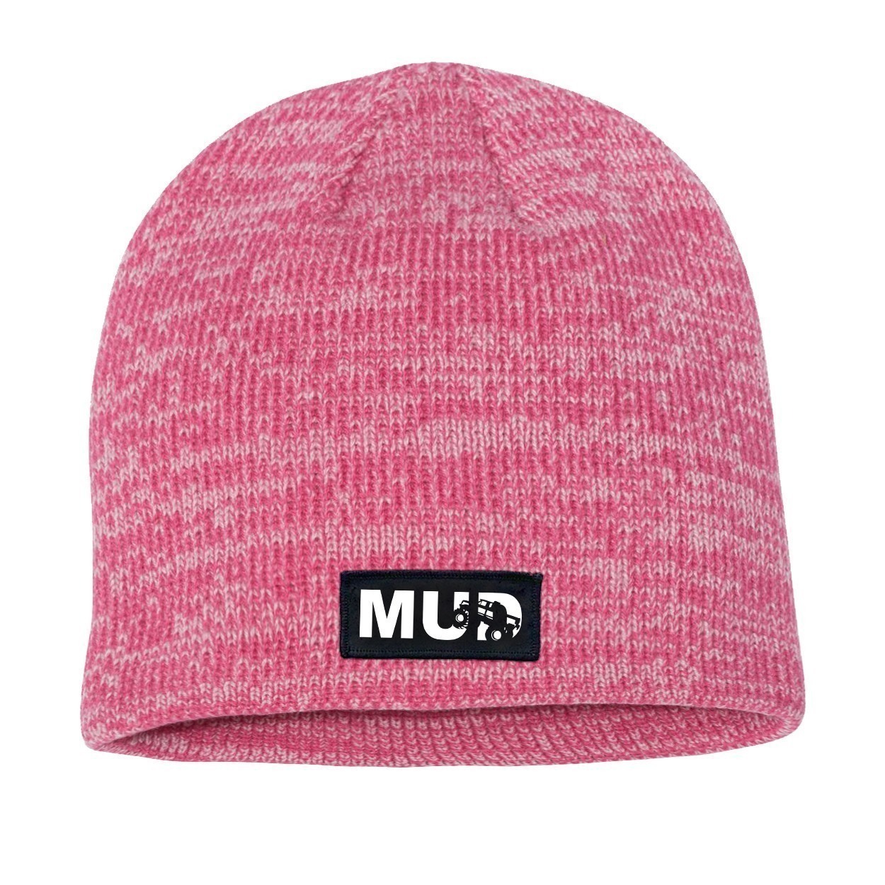Mud Truck Logo Night Out Woven Patch Skully Marled Knit Beanie Pink/Dark Pink (White Logo)