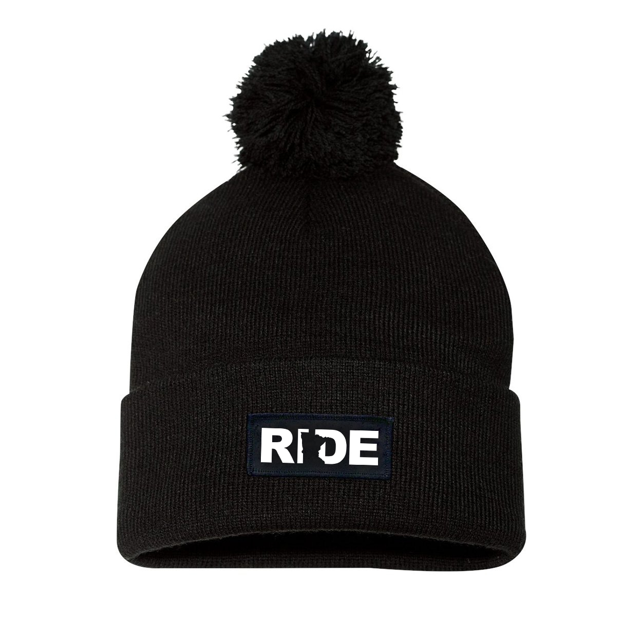 Ride Minnesota Night Out Woven Patch Roll Up Pom Knit Beanie Black (White Logo)