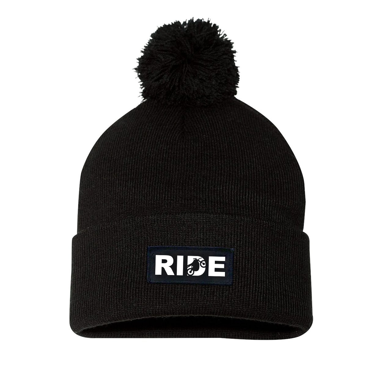 Ride Moto Logo Night Out Woven Patch Roll Up Pom Knit Beanie Black (White Logo)