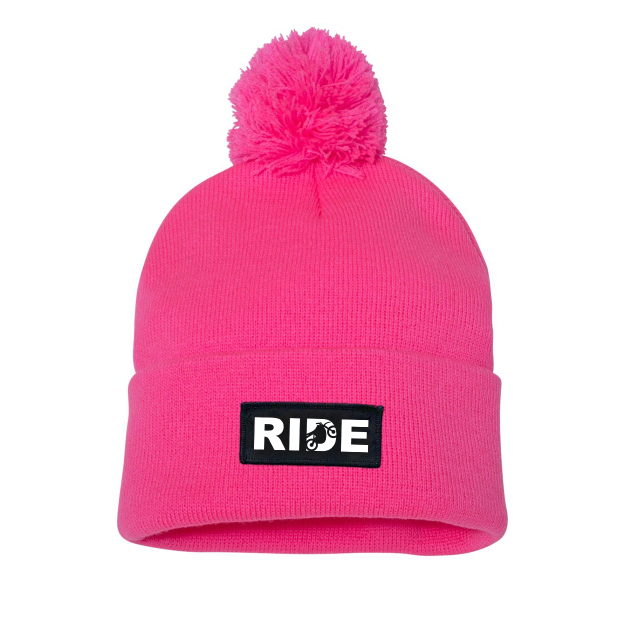 Ride Moto Logo Night Out Woven Patch Roll Up Pom Knit Beanie Pink (White Logo)