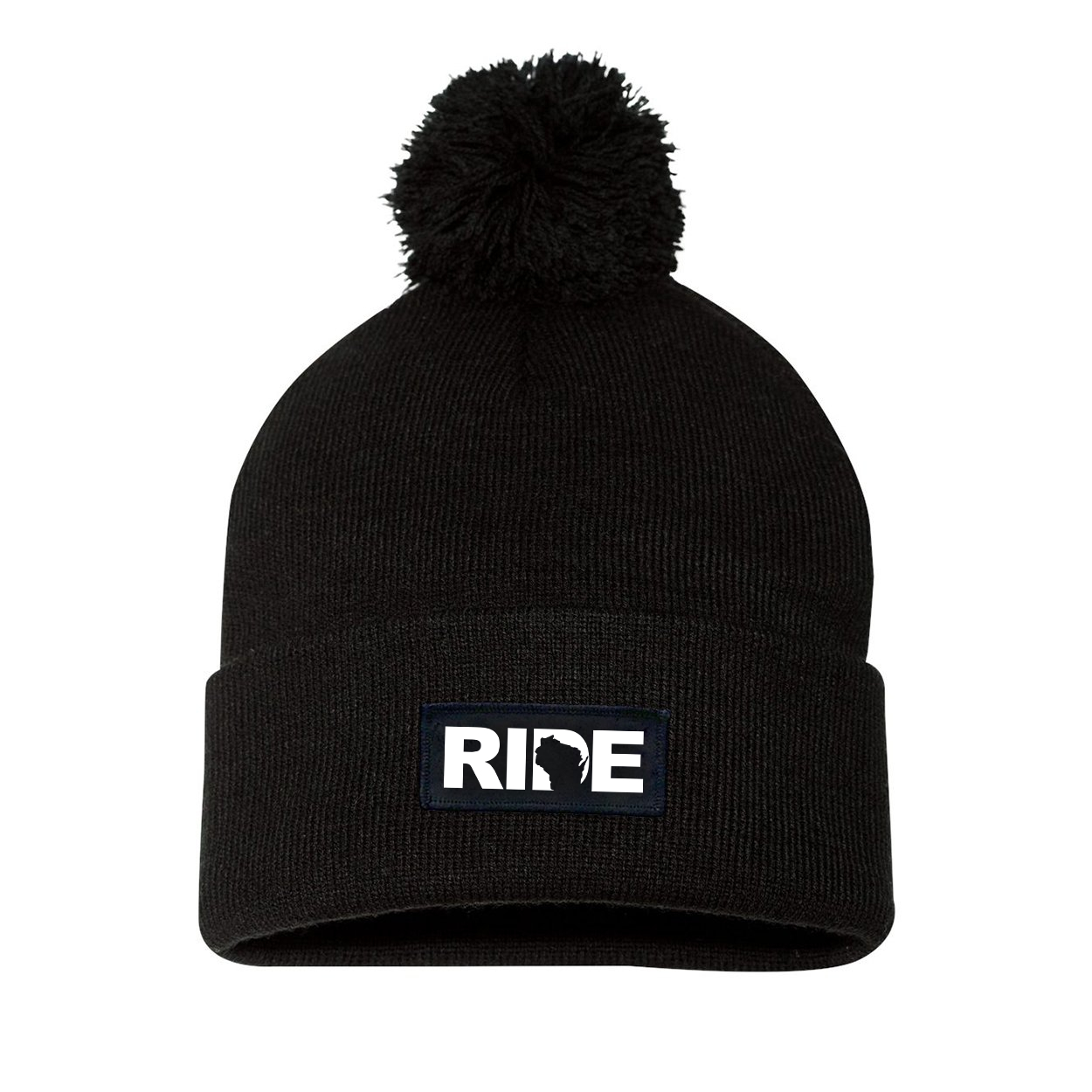 Ride Wisconsin Night Out Woven Patch Roll Up Pom Knit Beanie Black (White Logo)