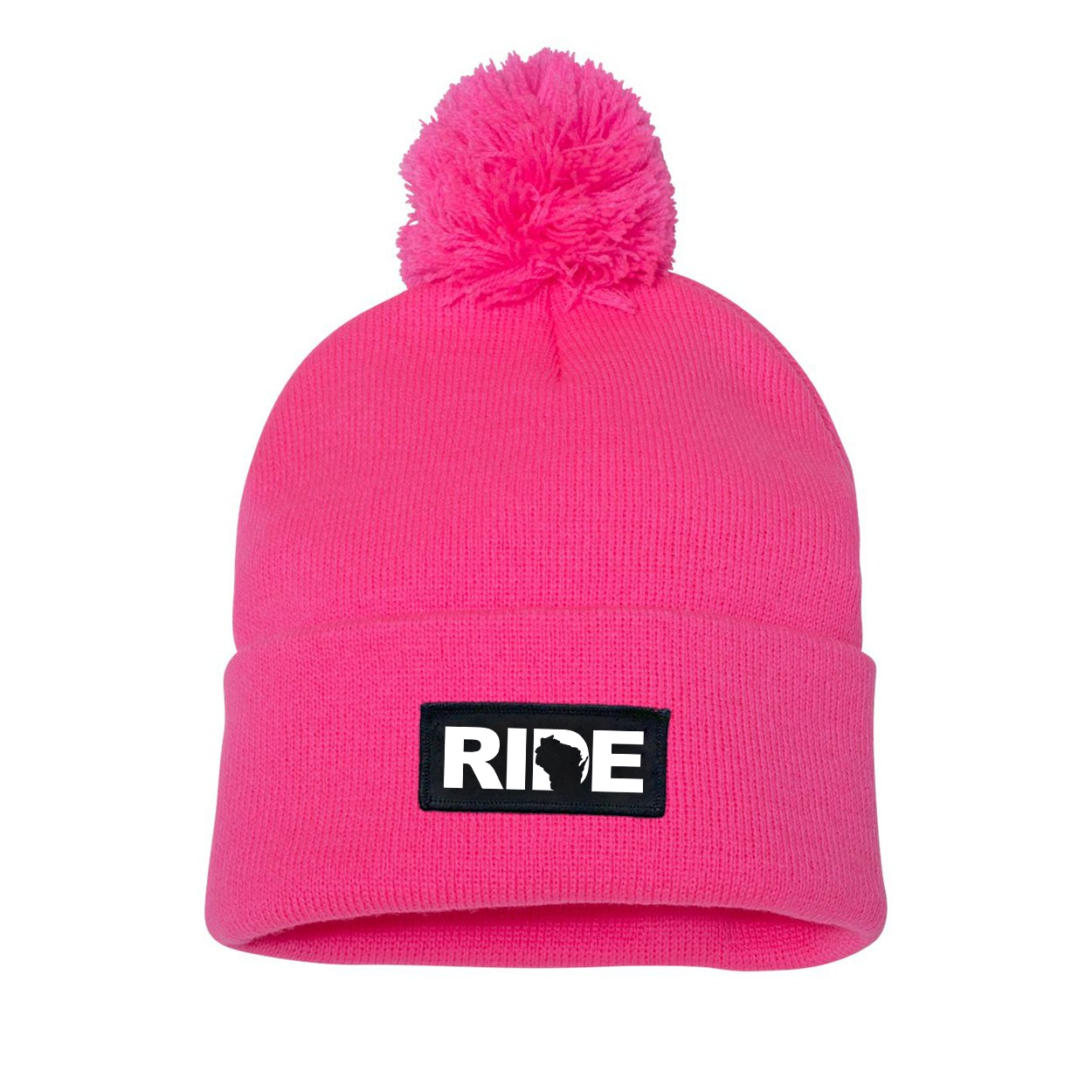 Ride Wisconsin Night Out Woven Patch Roll Up Pom Knit Beanie Pink (White Logo)