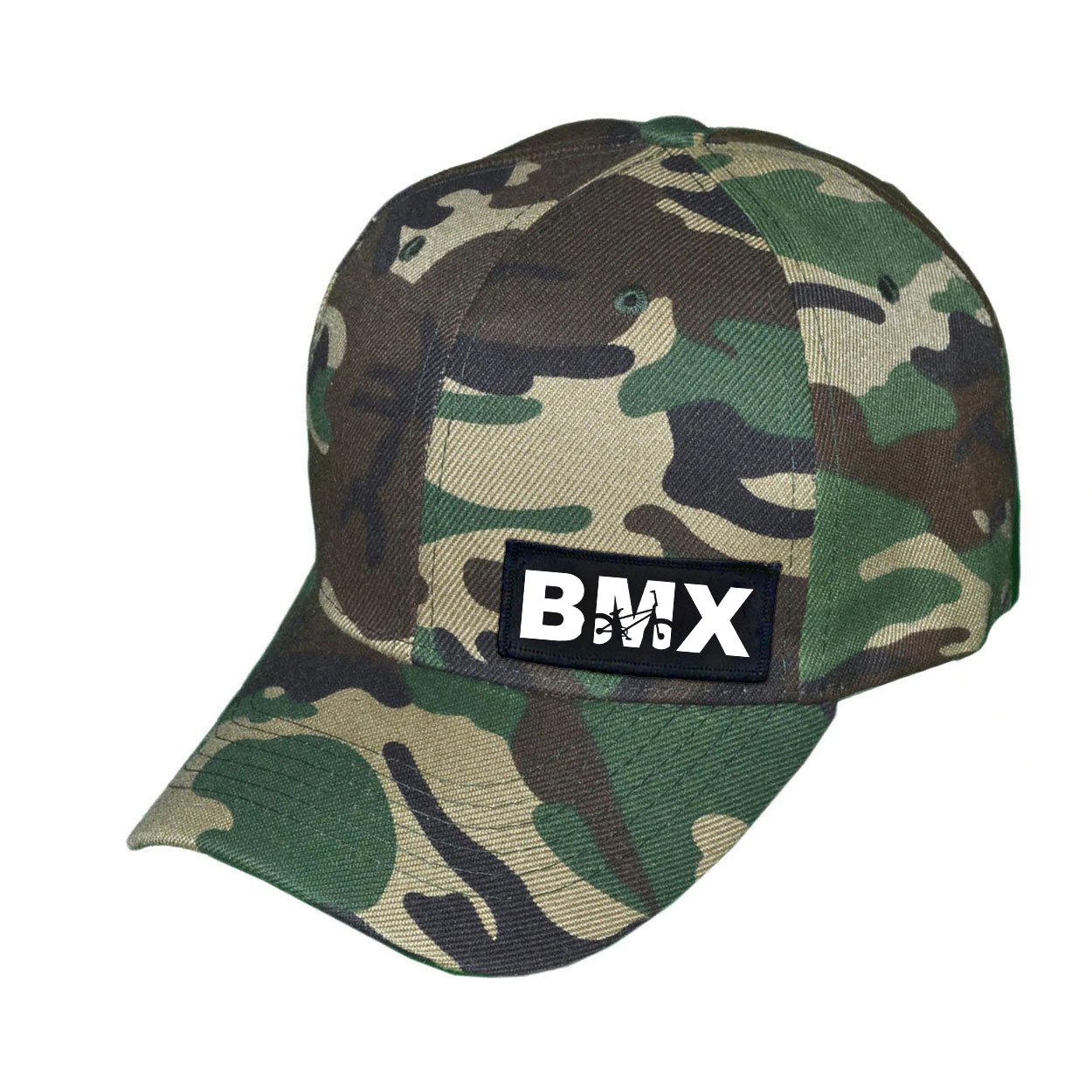 BMX Bike Logo Night Out Woven Patch Velcro Trucker Hat Camo (White Logo)