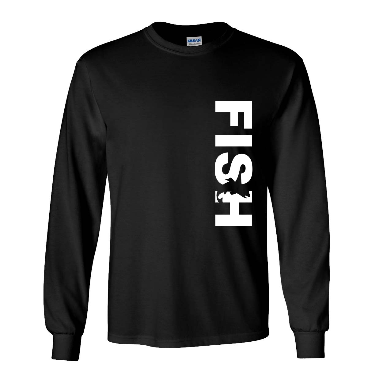 Fish Catch Logo Classic Vertical Long Sleeve T-Shirt Black (White Logo)