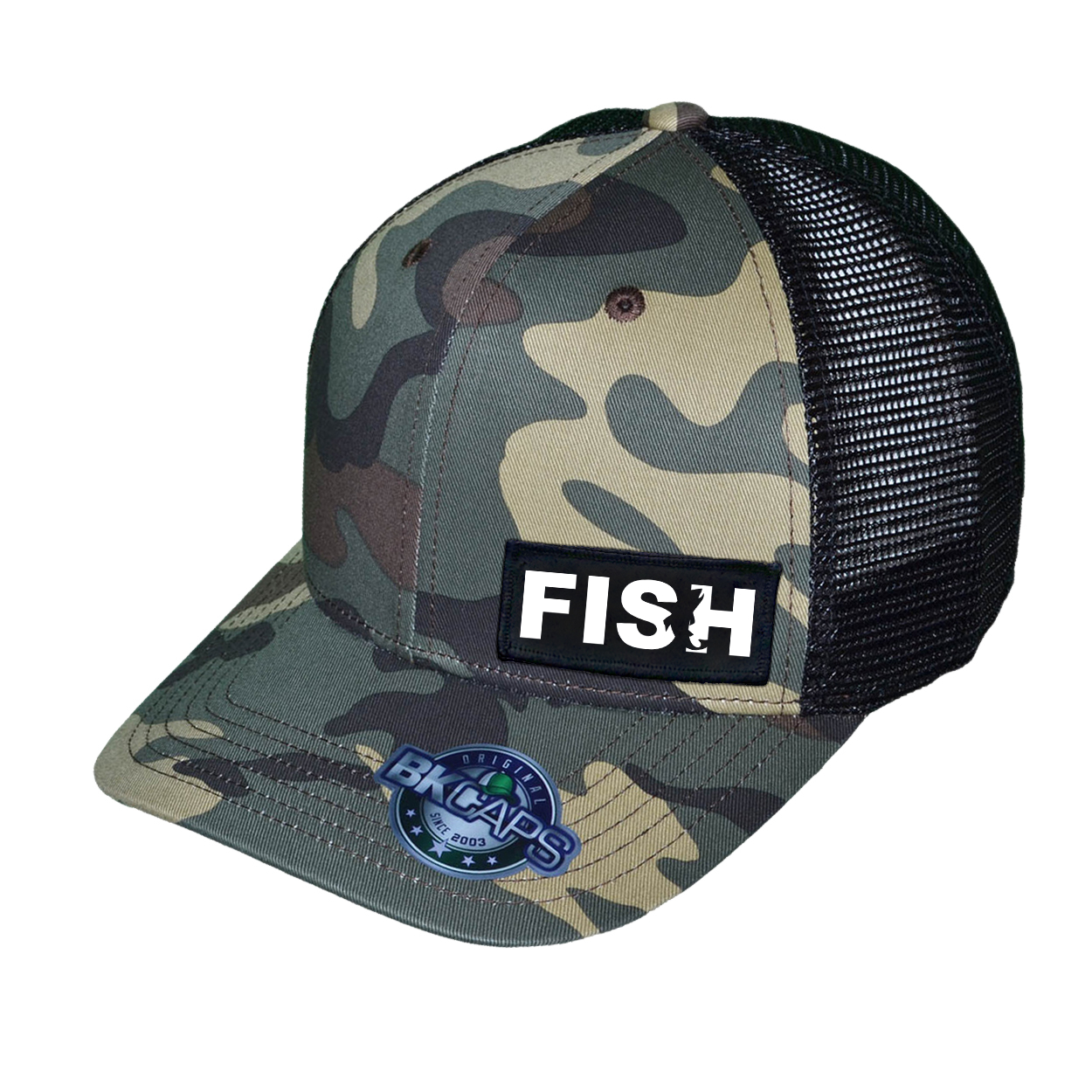 Fish Catch Logo Night Out Woven Patch Mesh Snapback Trucker Hat Khaki/Camo (White Logo)