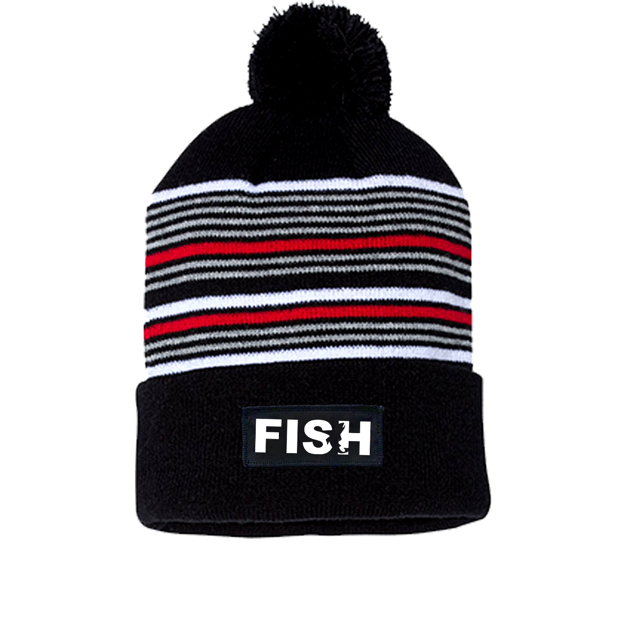 Fish Catch Logo Night Out Woven Patch Roll Up Pom Knit Beanie Black/ White/ Grey/ Red Beanie (White Logo)