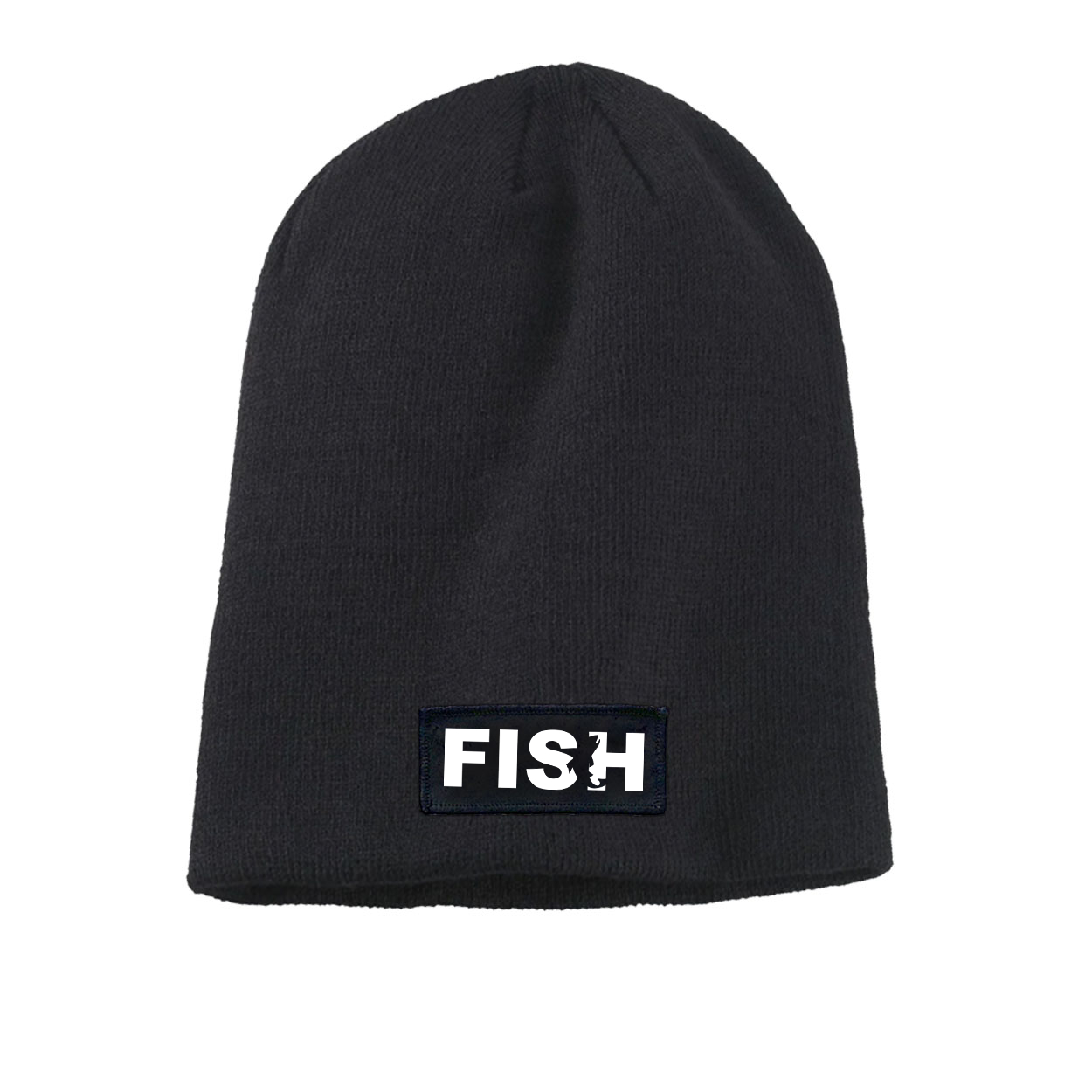 Fish Catch Logo Night Out Woven Patch Slouchy Beanie Black (White Logo)