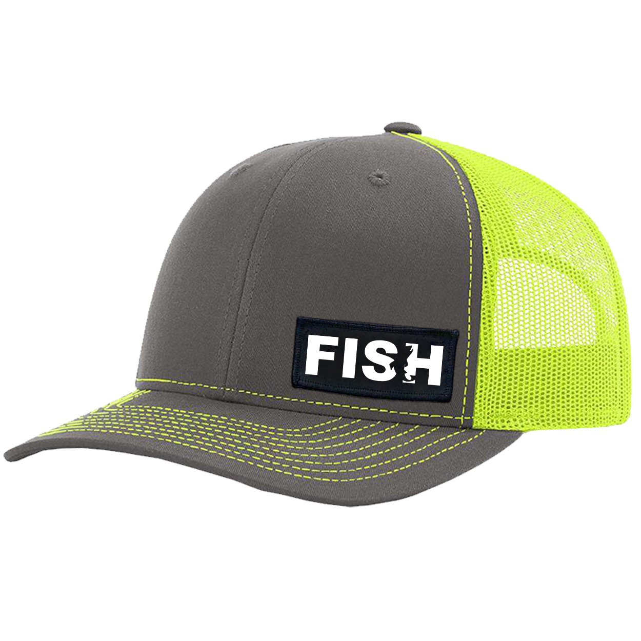 Fish Catch Logo Night Out Woven Patch Snapback Trucker Hat Charcoal/Neon Yellow (White Logo)