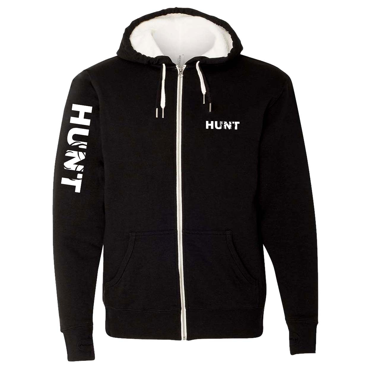 Hunt Rack Logo Classic Sherpa-Lined Hooded Zip Up Sweatshirt Black (White Logo)