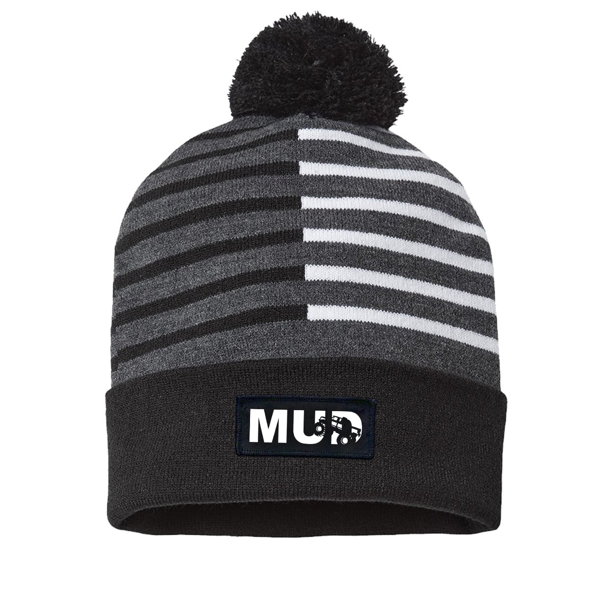 Mud Truck Logo Night Out Woven Patch Roll Up Pom Knit Beanie Half Color Black/White (White Logo)